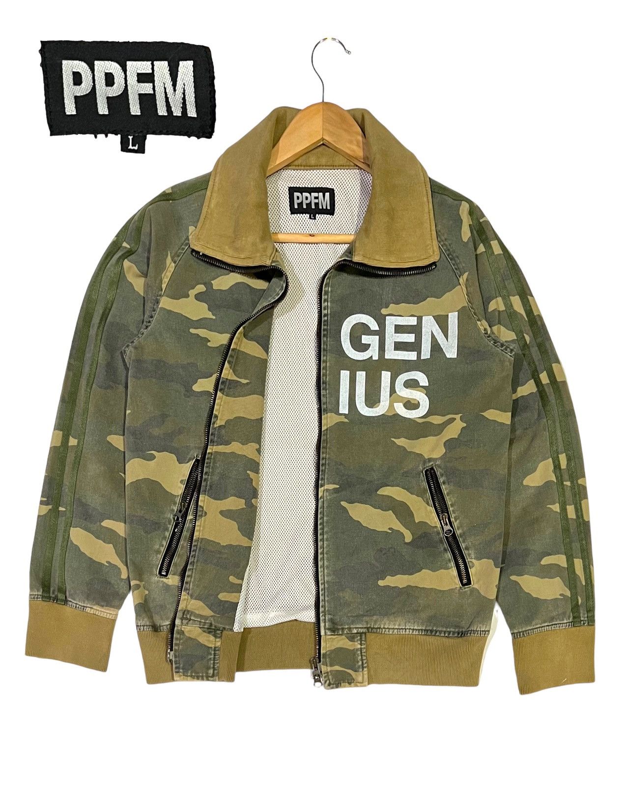 image of Archival Clothing x Military Ppfm Military Jacket Big Genius Spellout in Camo, Men's (Size Medium)