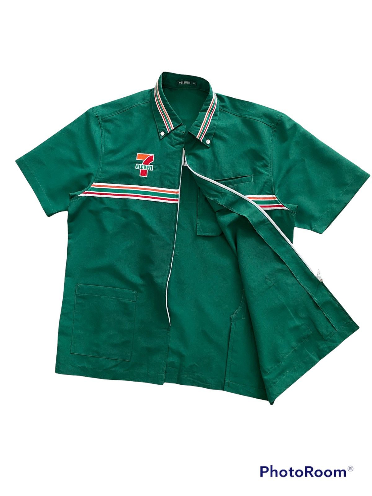 image of Uniform Wares x Vintage Seven 7 Eleven Big Felt Logo Convertible Zip Work Shirt in Green (Size Larg