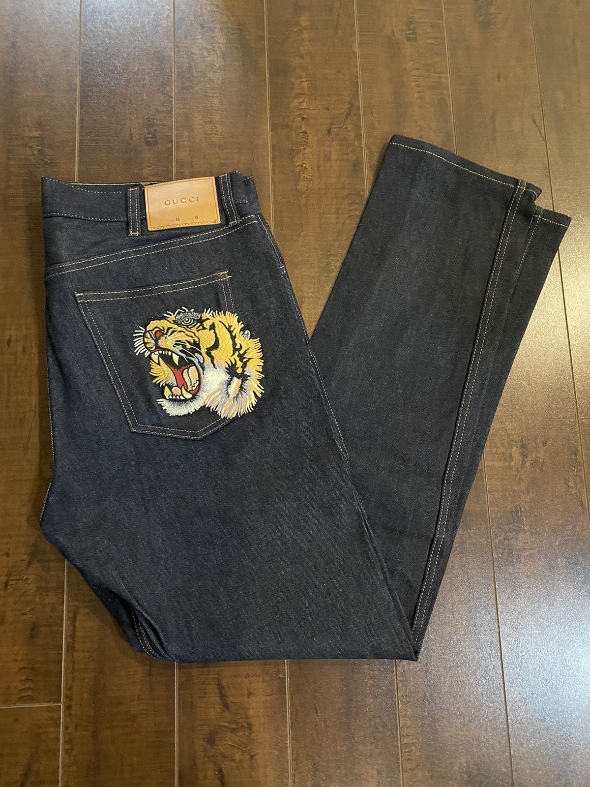 image of Gucci Tiger Embroidery Jeans in Blue, Men's (Size 36)