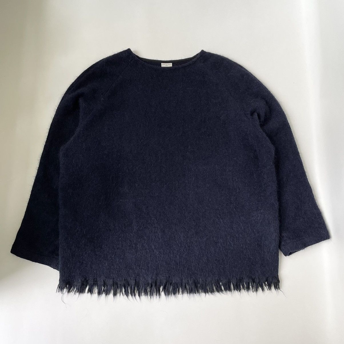 image of Dries Van Noten Fringe Hem Alpaca Wool Sweater in Dark Blue, Men's (Size Large)