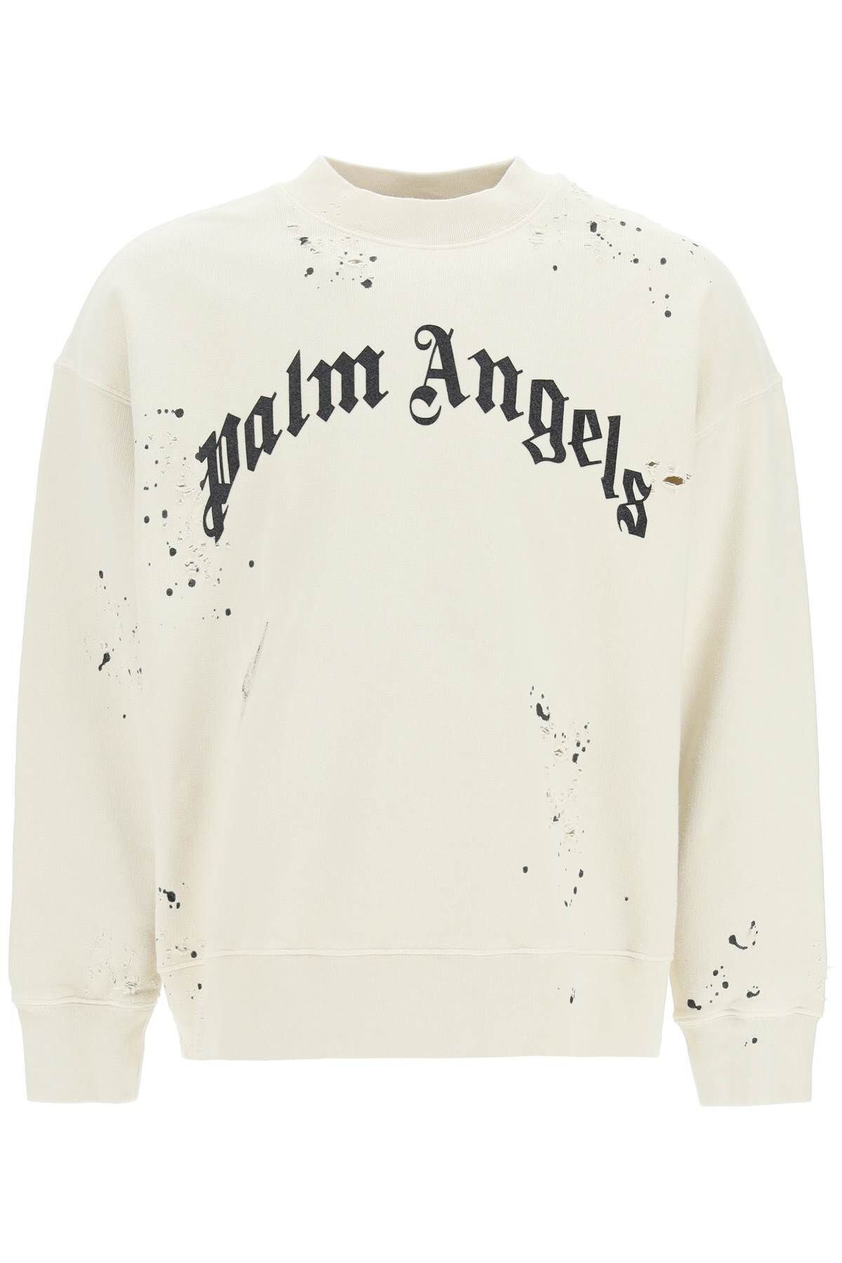 image of Palm Angels Fw22 Glitter Logo Distressed Curved Logo Sweatshirt in Beige, Men's (Size Small)