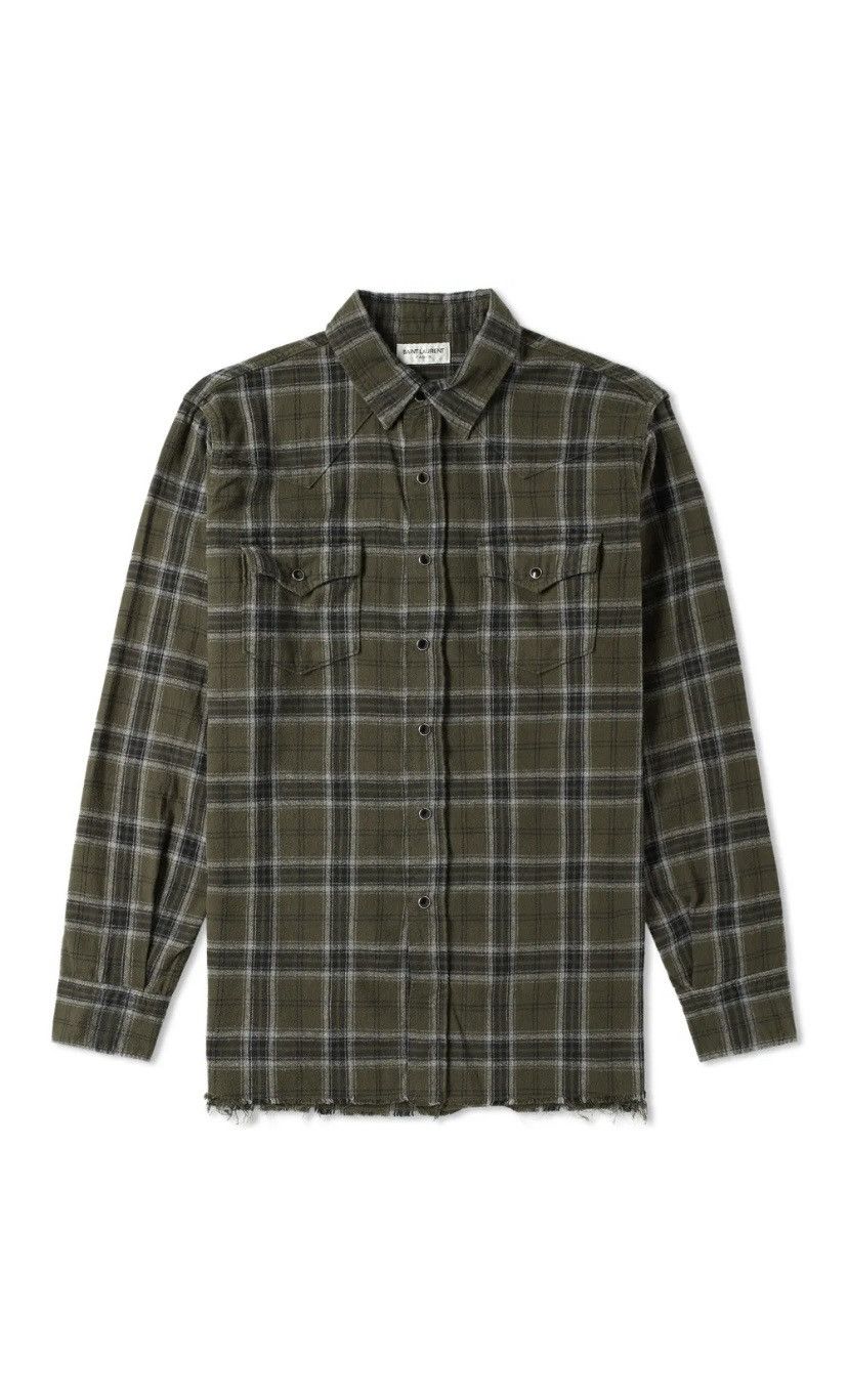 image of Saint Laurent Paris Saint Laurent Raw Hem Green Check Flannel Shirt, Men's (Size Small)
