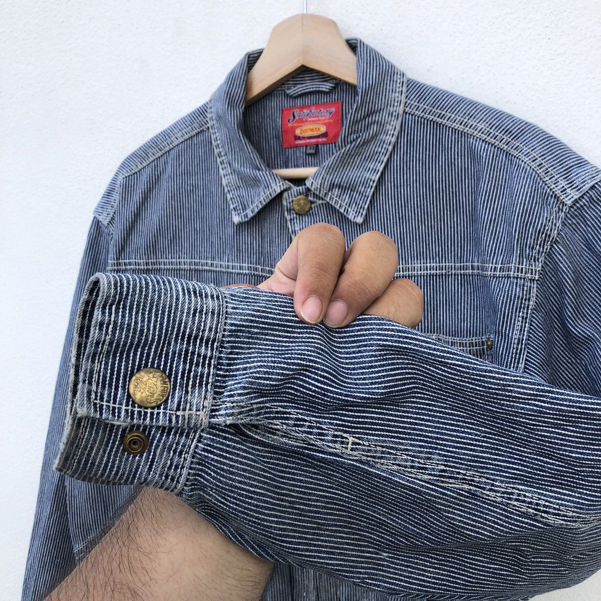 Japanese Brand VINTAGE DOGMAN DENIM JACKET STRIPE WORKER WEAR Size US L / EU 52-54 / 3 - 10 Thumbnail