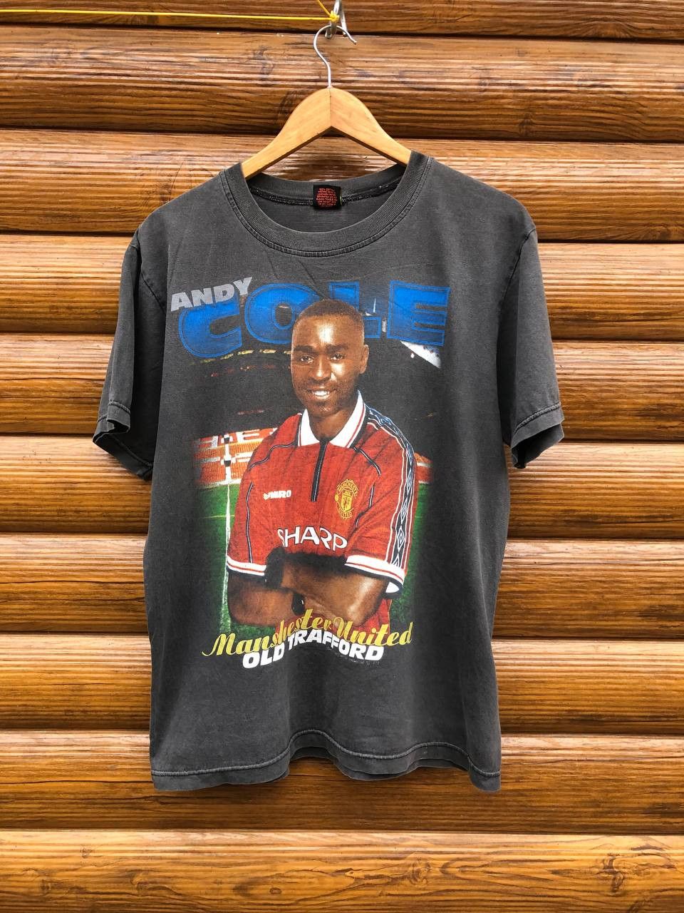 image of Manchester United x Vintage 90's Andy Cole Soccer Allover Print T Shirt in Black, Men's (Size Mediu