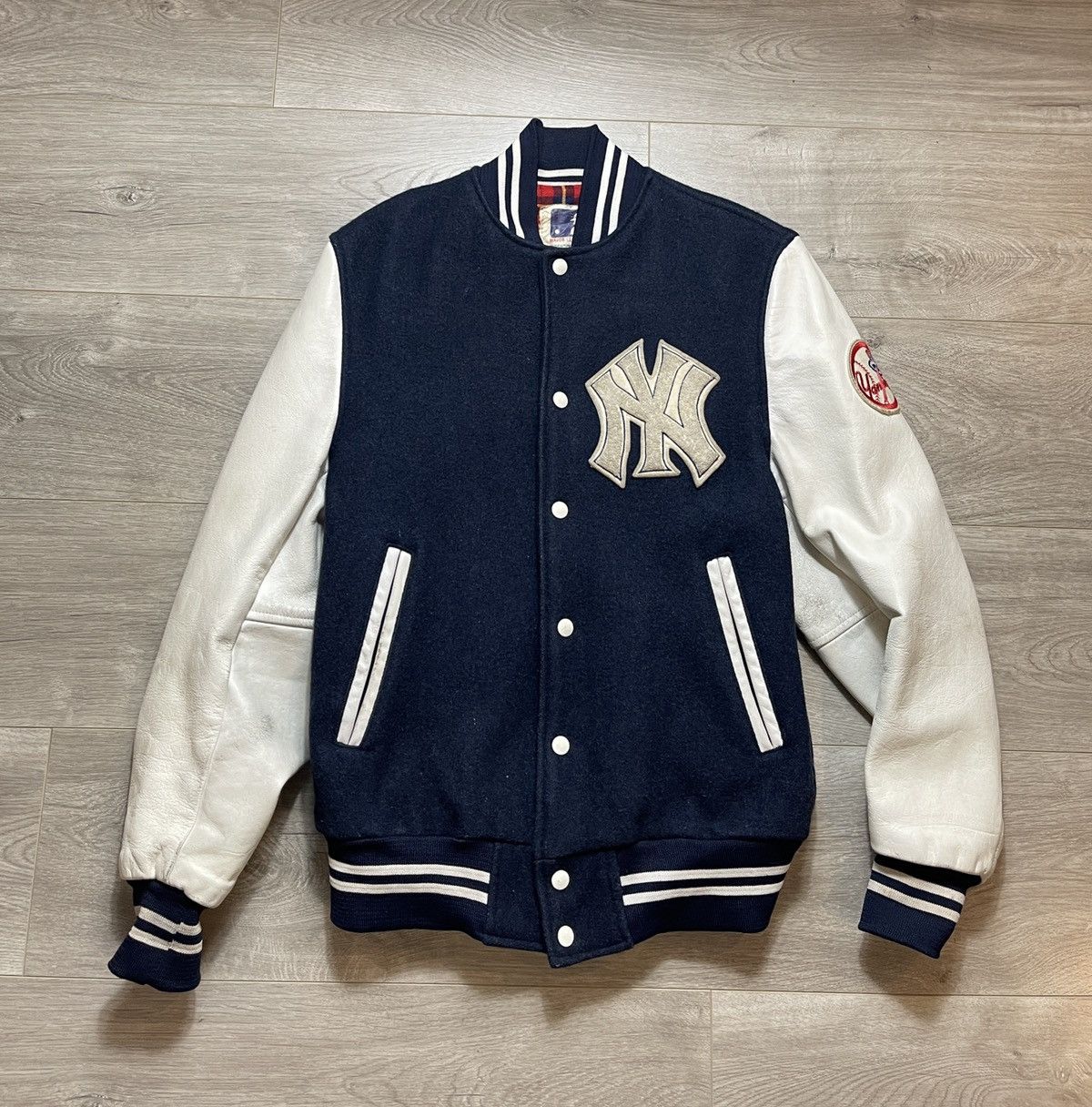 image of Mlb x Vintage 80's Yankees Varsity Bomber Wool Leather Plaid Lined in Blue, Men's (Size Medium)