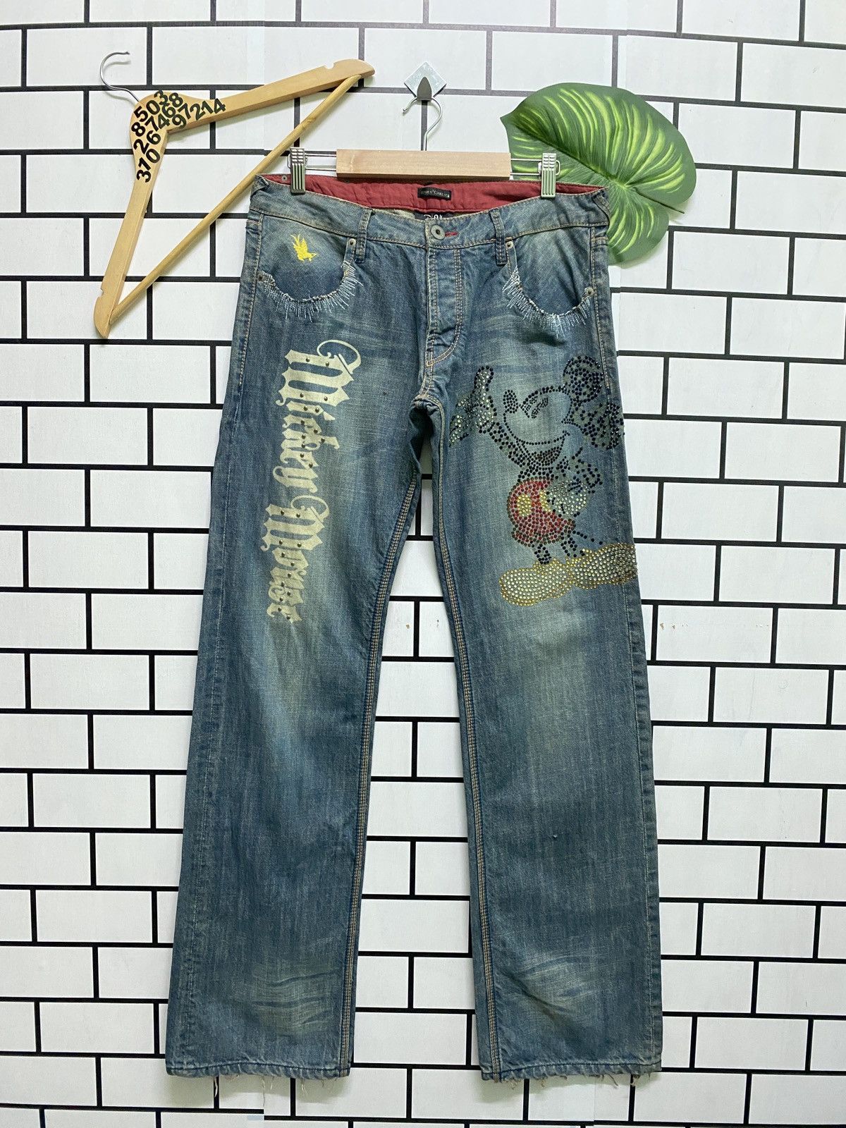 Image of Disney Japan Kook & Chelica Mickey Mouse Design Low Rise Denim in Blue, Men's (Size 30)