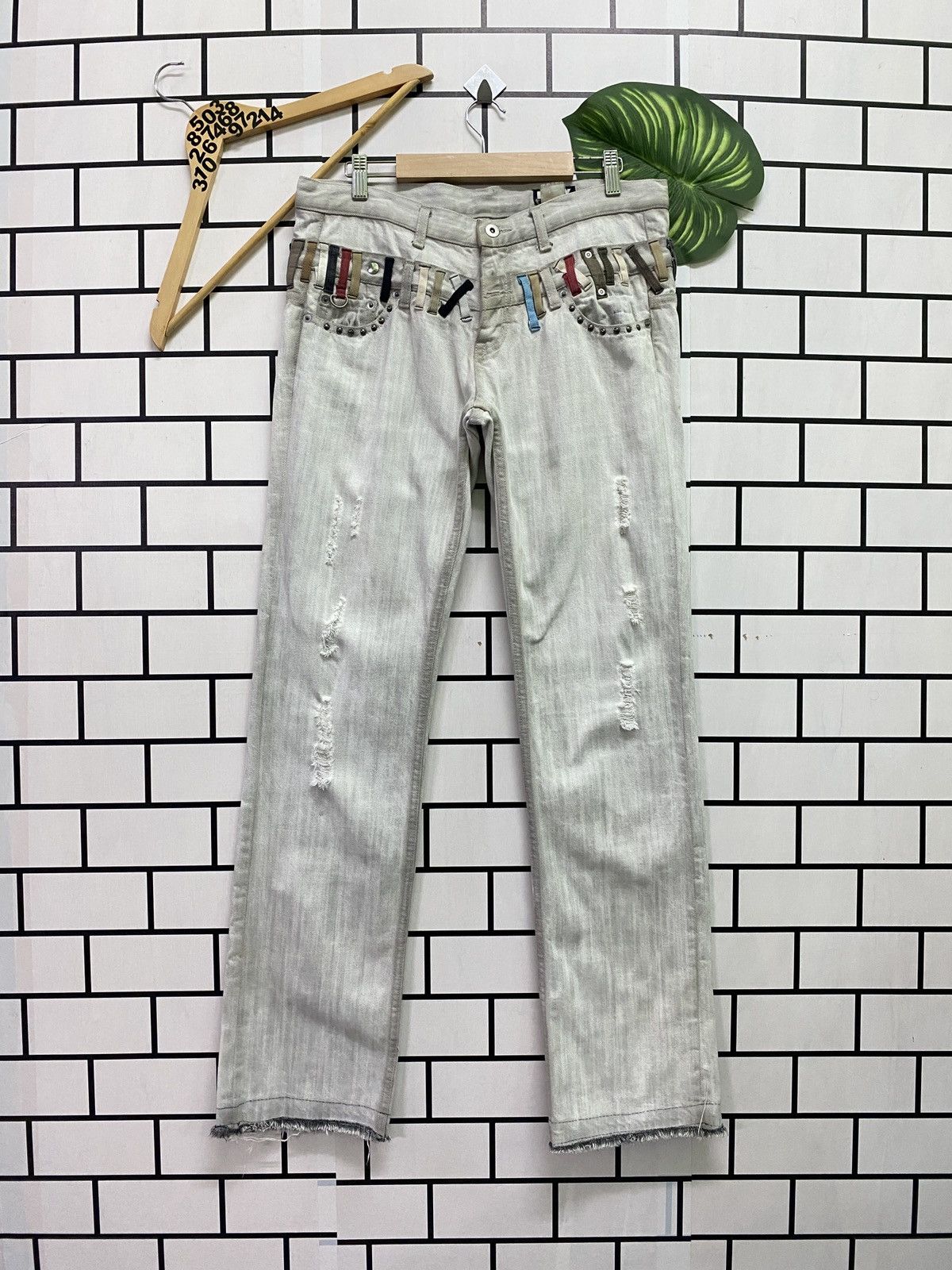 image of Avant Garde x Distressed Denim Dkny Double Waist Studs Released Hem Pants in White, Men's (Size 33)
