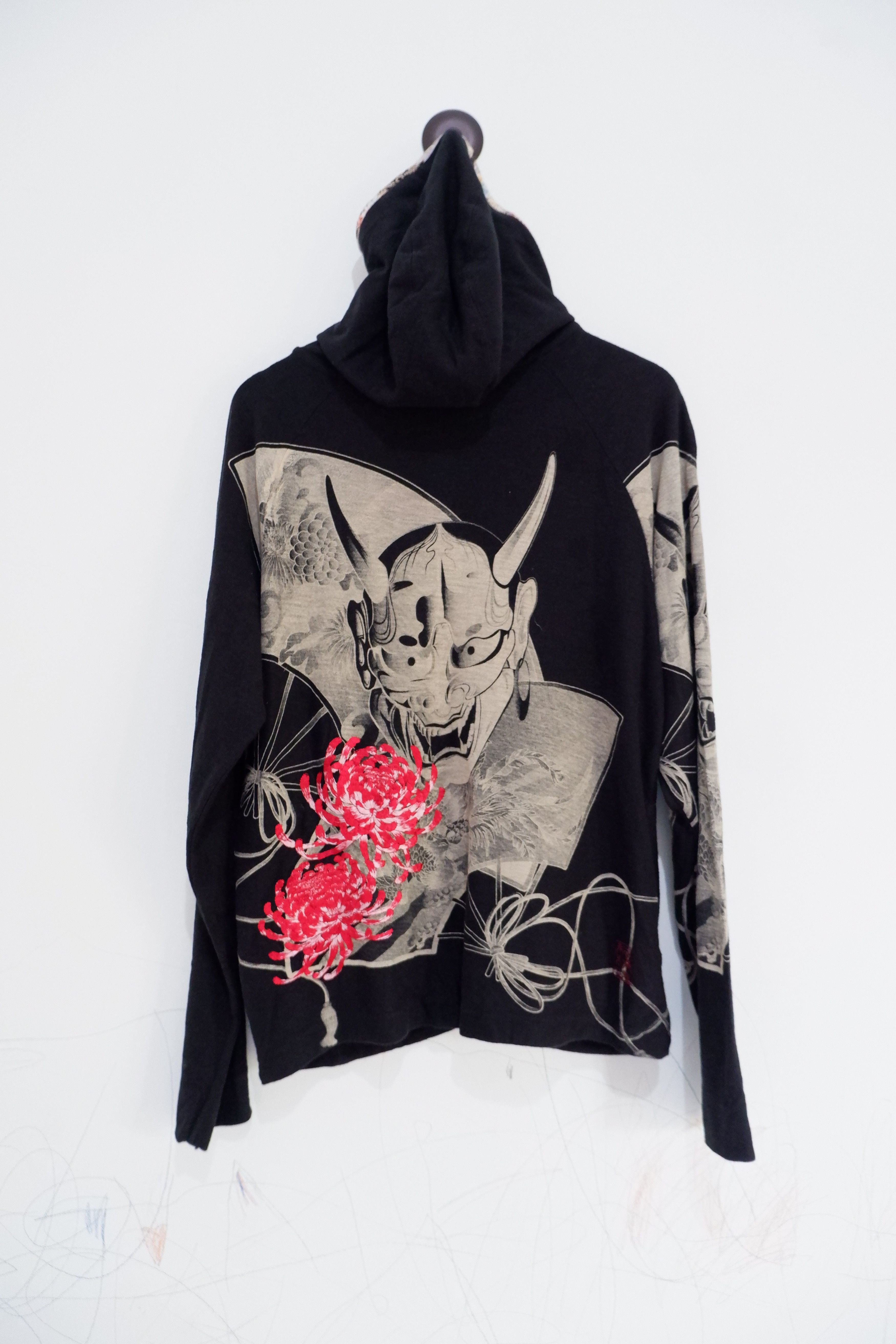 image of Sukajan Souvenir Jacket Vintage Kara Kuri Tamashi Embroidered Zip Up Hoodie in Black (Size Large)