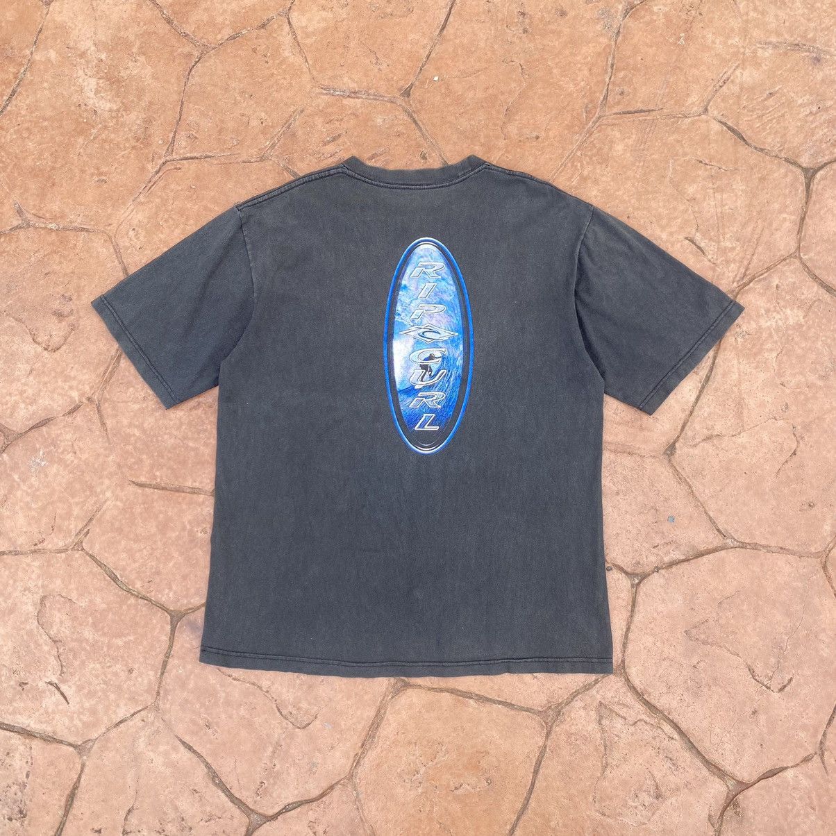 image of Thrashed Faded Vintage Rip Curl Australian Surf Bootleg Tee in Black, Men's (Size XL)