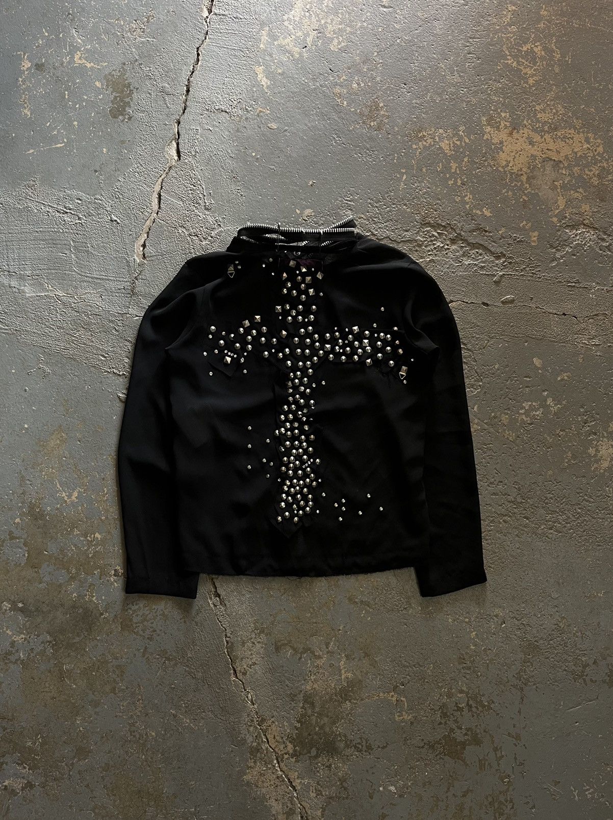 Pre-owned Comme Des Garcons X Junya Watanabe Aw02 Studded Cross Choker Zip-up Mesh Long Sleeve In Black