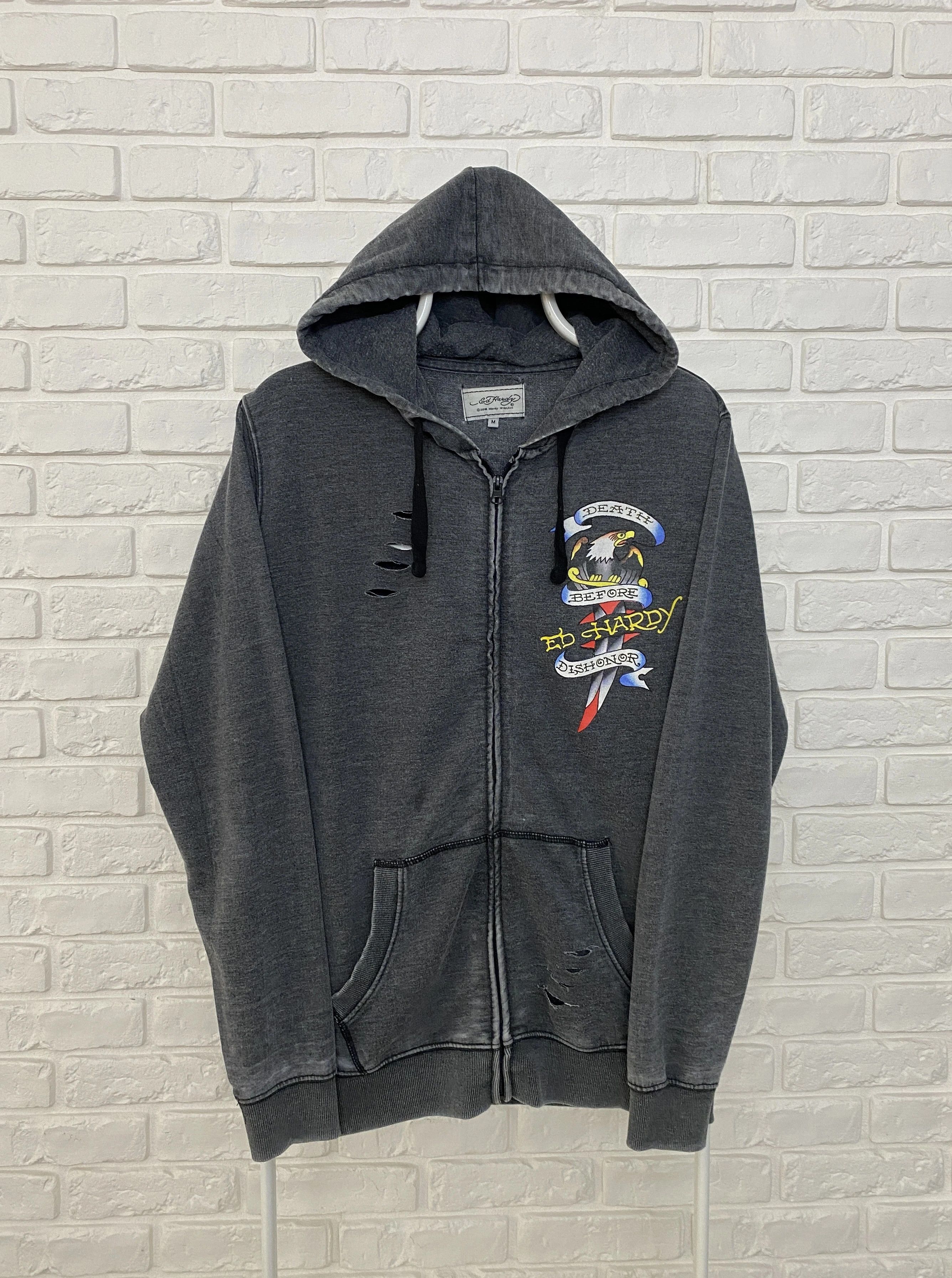 image of Christian Audigier x Ed Hardy Men's Ed Hardy Hoodie Gray Big Logo Size M in Grey