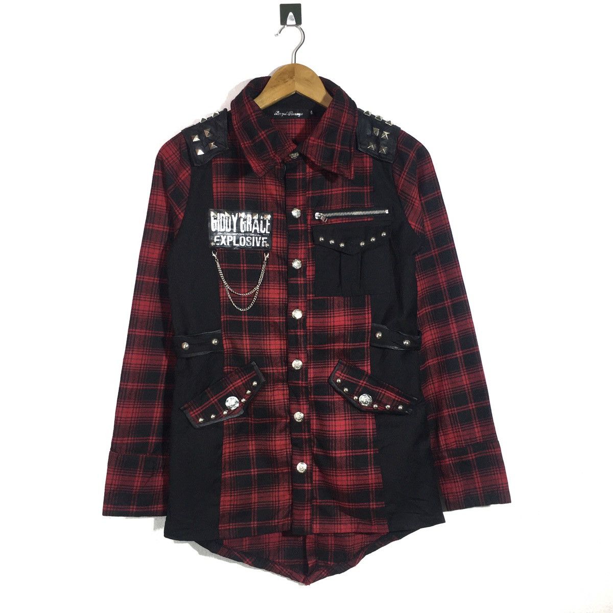 image of Vintage Sexpot Revenge Gothic Punk Button Ups Shirt M Size in Red Black, Men's