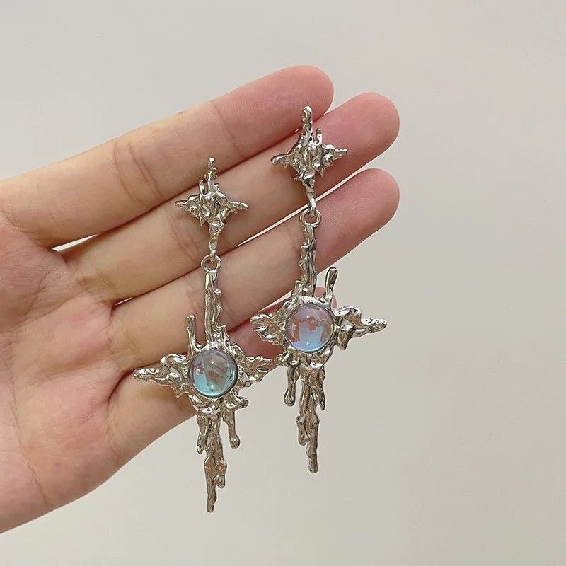 Jewelry × Vintage Charm Irregular Liquid Metal Moonstone Dangle Earrings Size ONE SIZE - 1 Thumbnail
