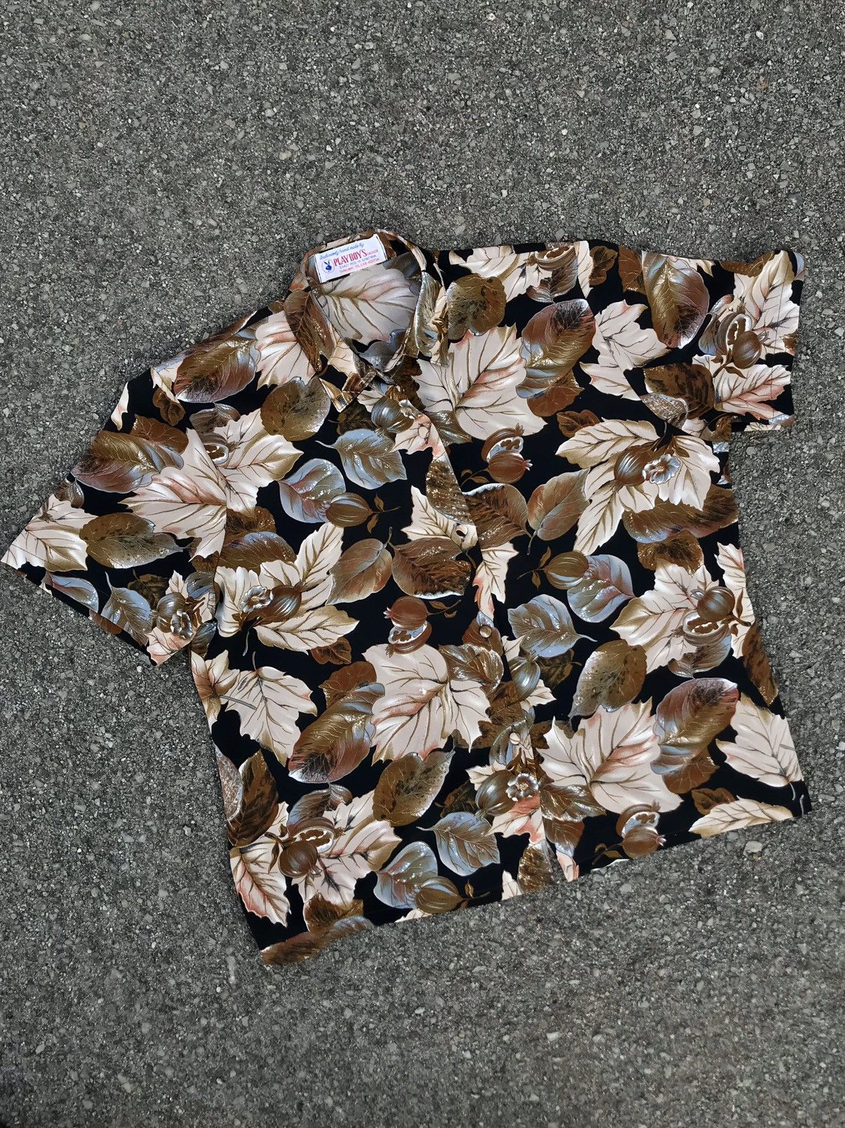 image of 80's Playboy Floral Hawaiian Silk Shirt in Brown, Men's (Size Small)