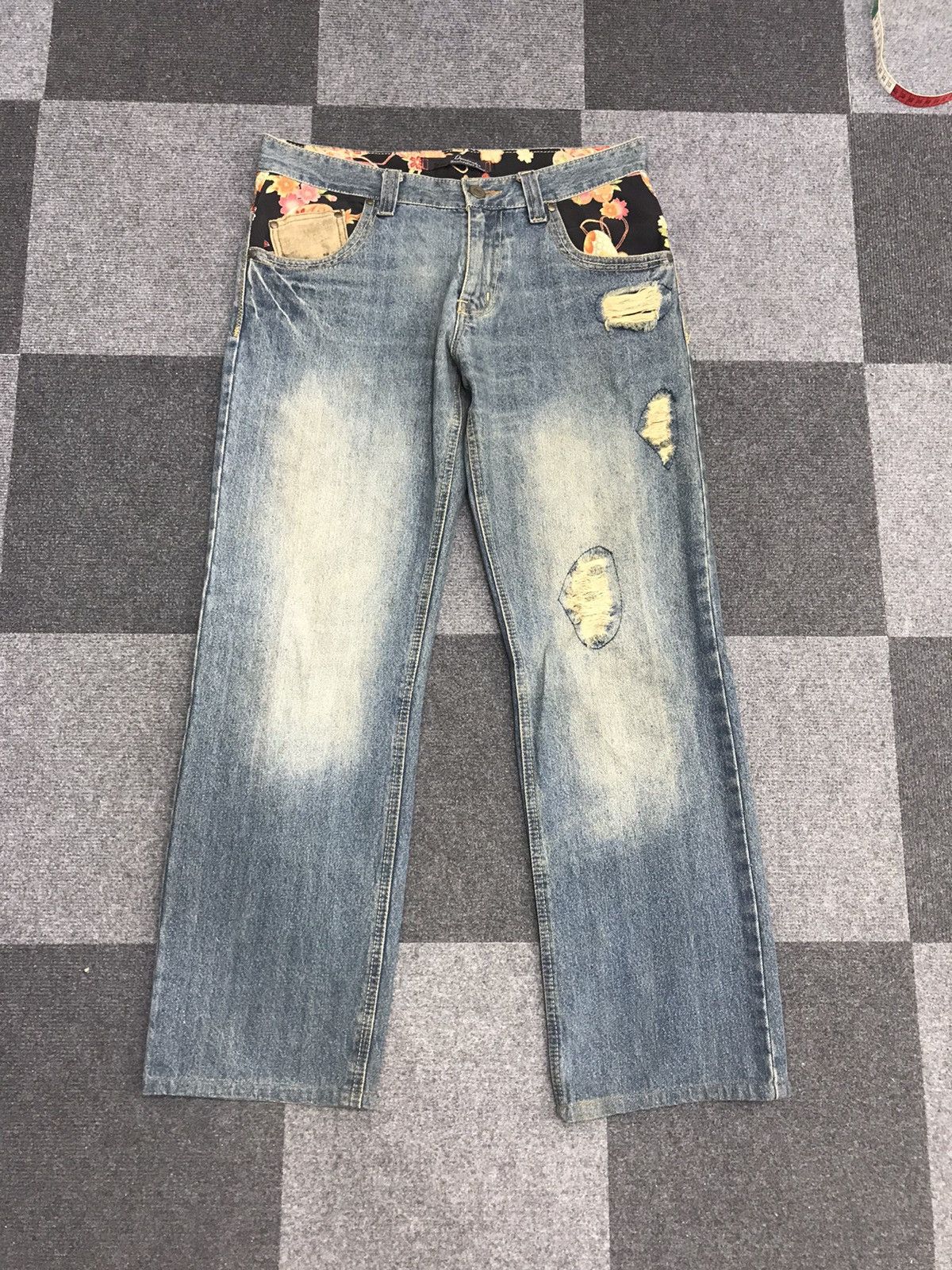 image of Distressed Denim Dominate Floral Distressed Jeans in Denim, Men's (Size 33)