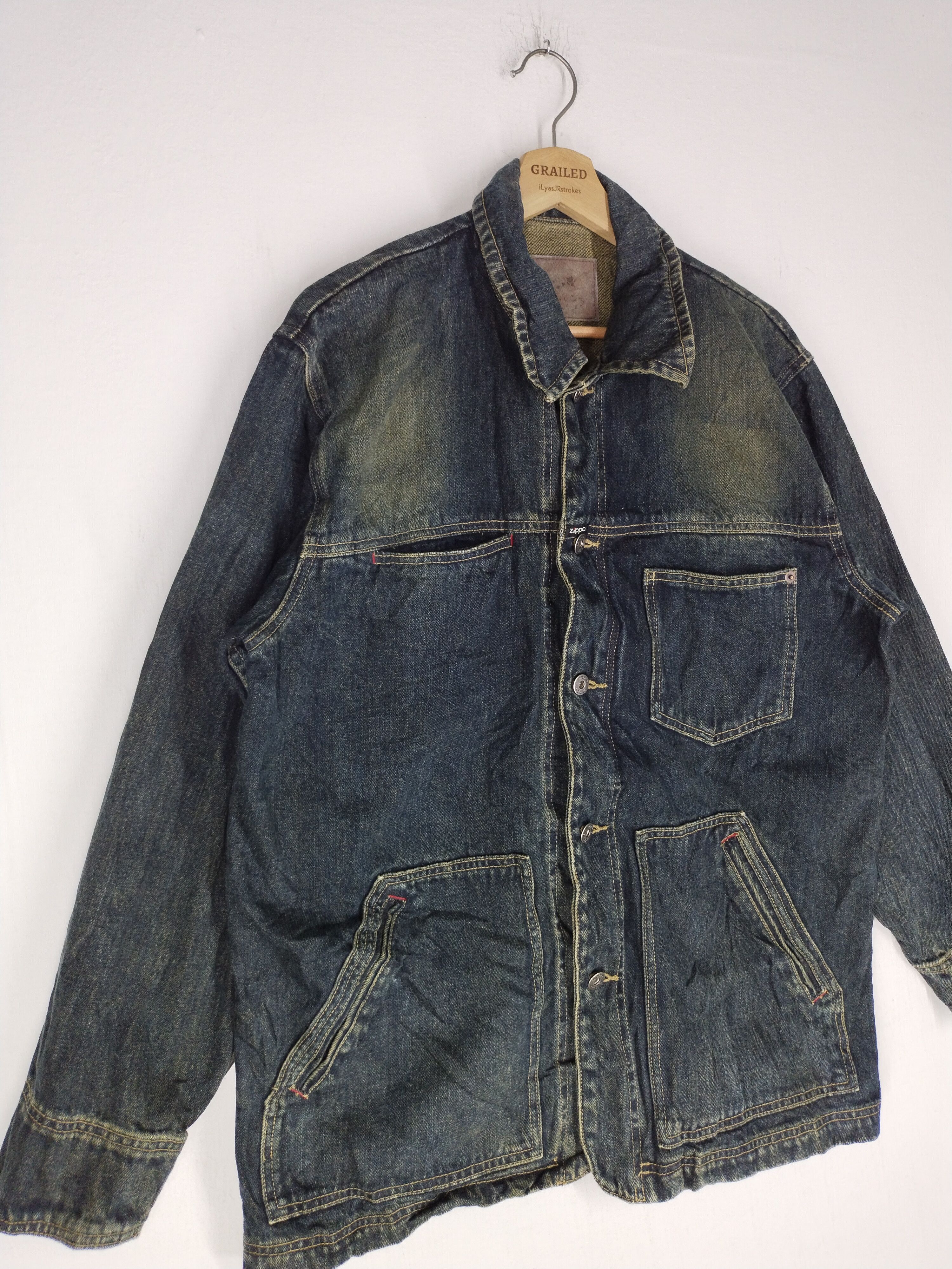 If Six Was Nine × Vintage × Zippo 🔥VTG ZIPPO DENIM BUTTON ASYMMETRICAL HICKORY CHORE JACKET Size US M / EU 48-50 / 2 - 3 Thumbnail