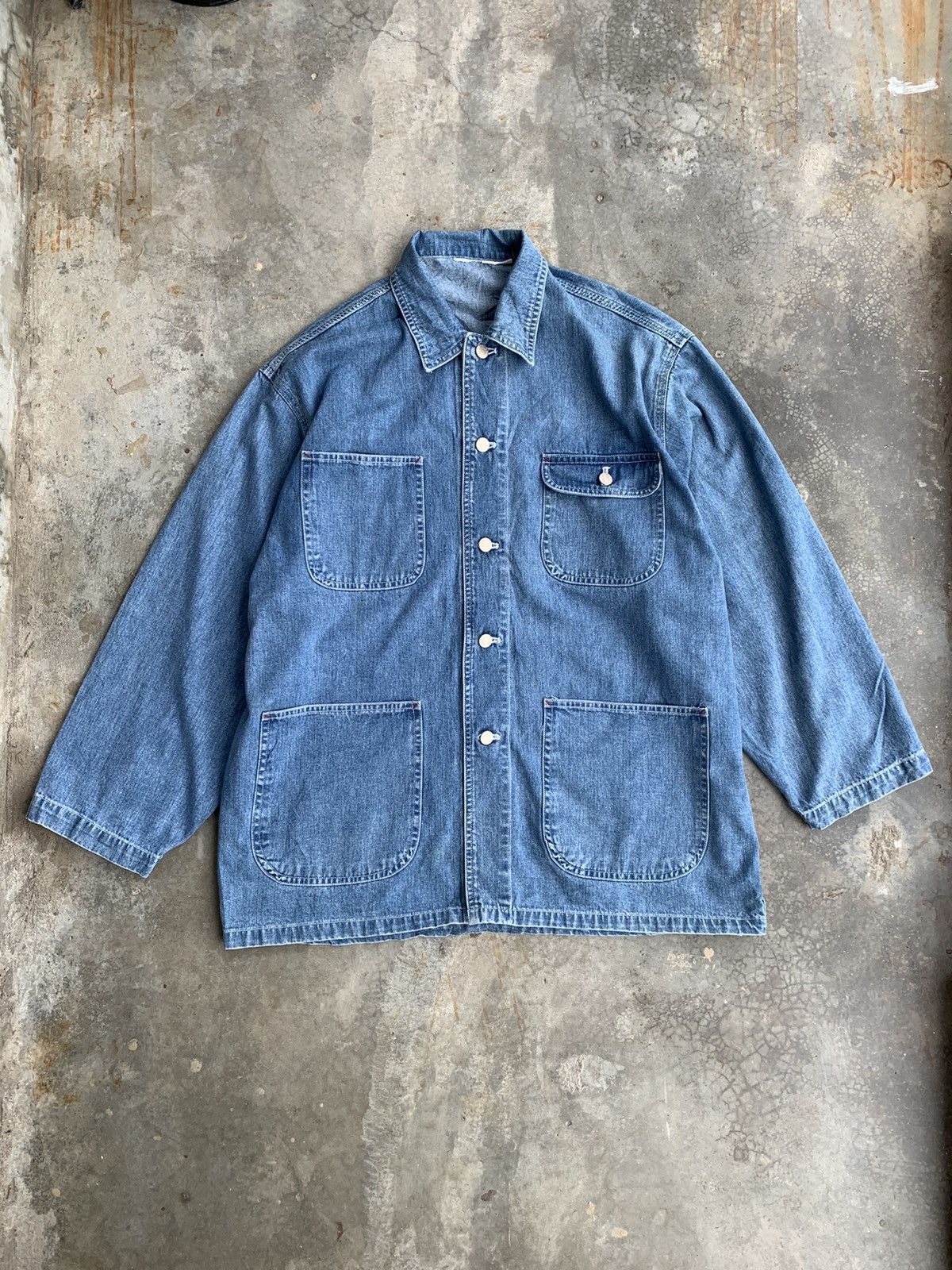 image of Denim Jacket x Disney Vintage 90's Mickey Mouse Wilderness Gear Chore Jacket in Blue, Men's (Size X