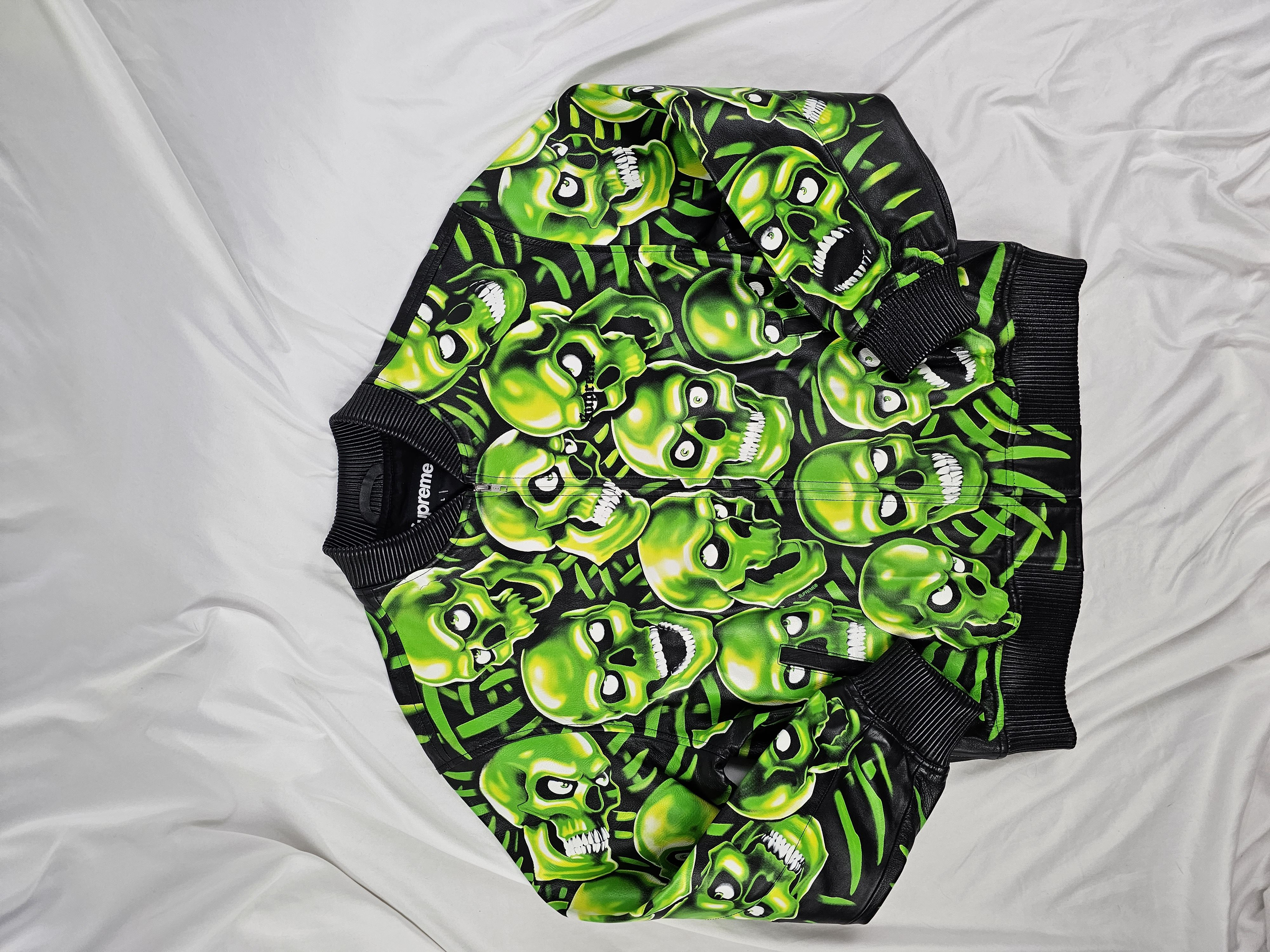 image of Supreme Skull Pile Leather Bomber Jacket Green, Men's (Size Large)