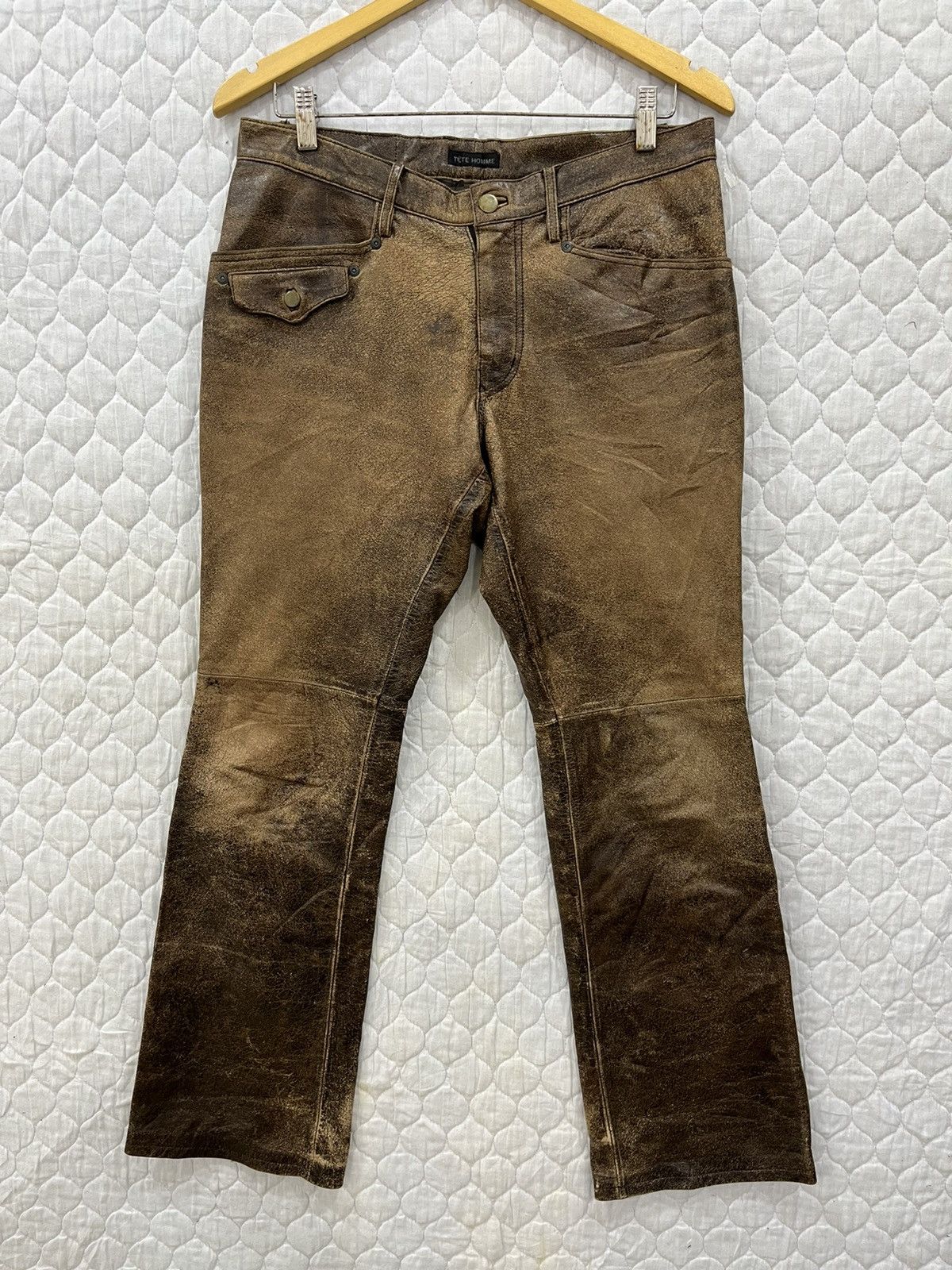 image of Genuine Leather x Issey Miyake (Z). Tete Homme Issey Miyake Hypebeast Leather Pants in Brown (Size 