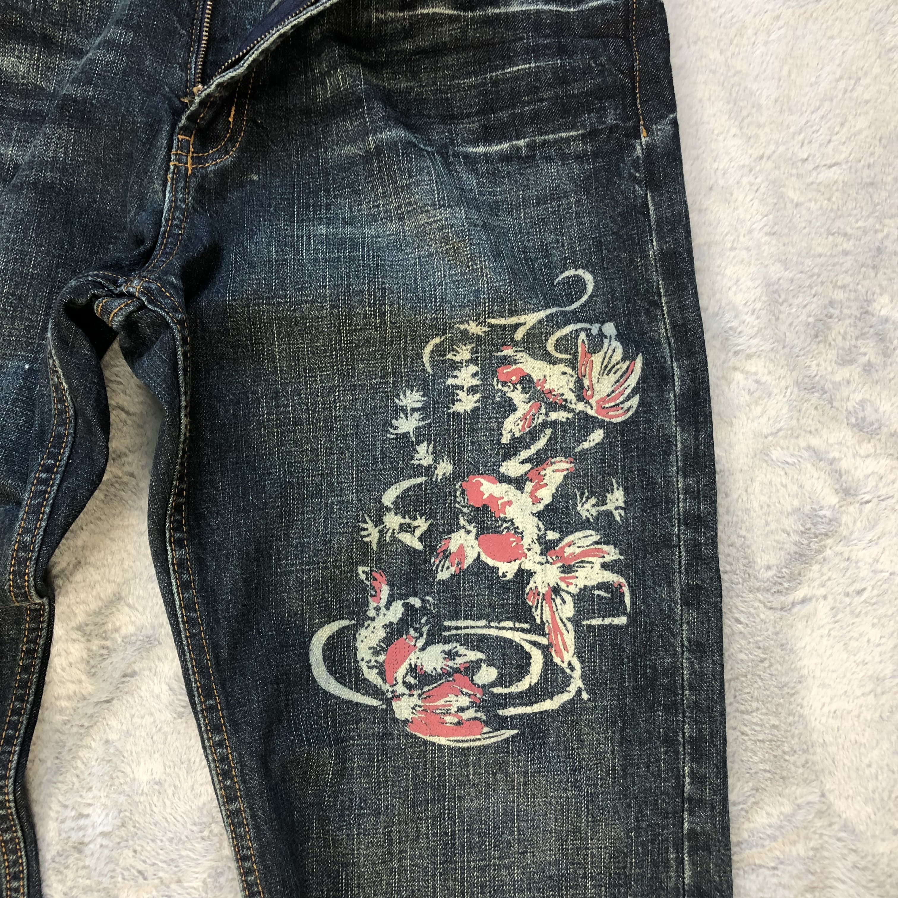 Japanese Brand JAPANESED TRADITIONAL KOI FISH PRINTED DENIM PANT #6391-221 Size US 33 - 5 Thumbnail