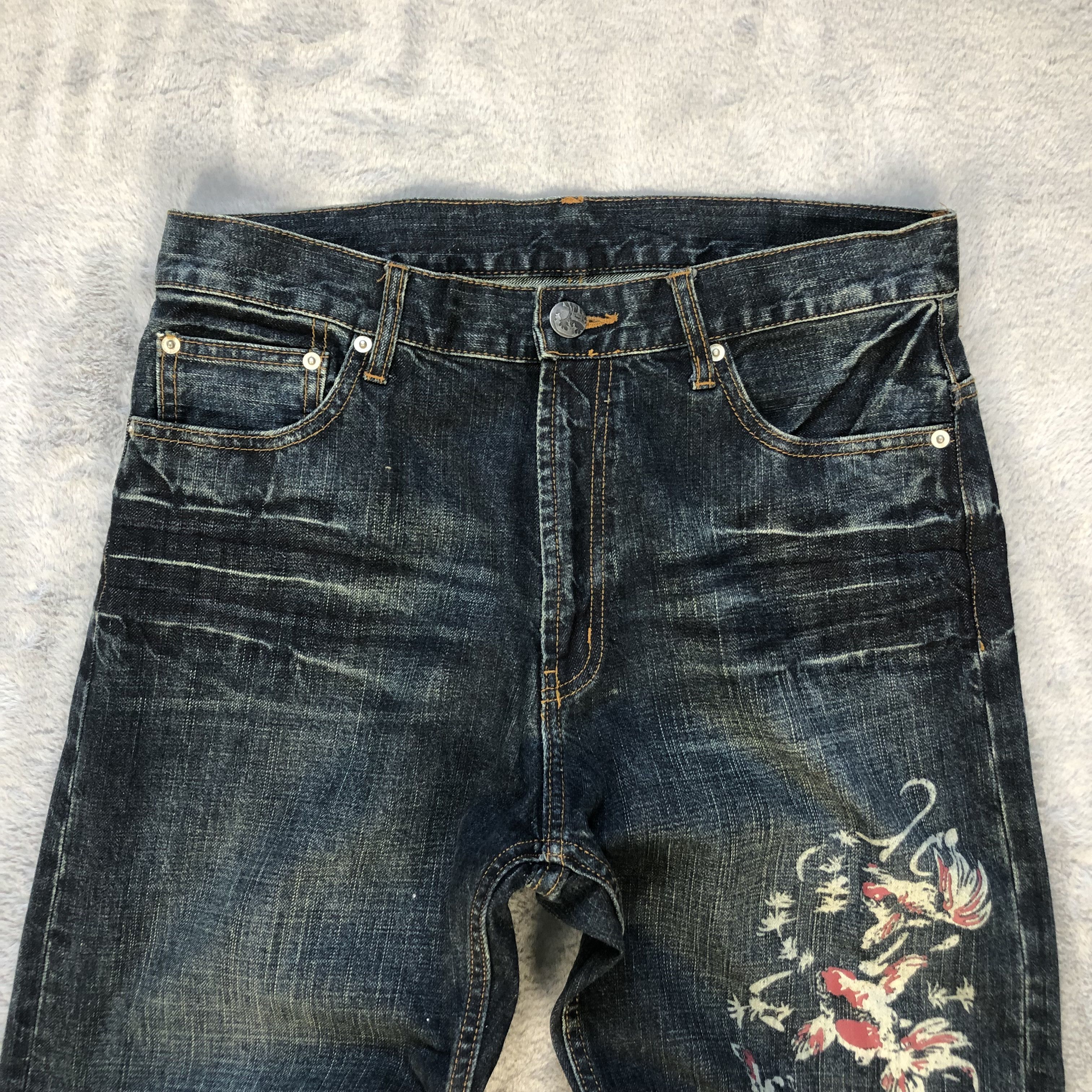 Japanese Brand JAPANESED TRADITIONAL KOI FISH PRINTED DENIM PANT #6391-221 Size US 33 - 2 Thumbnail