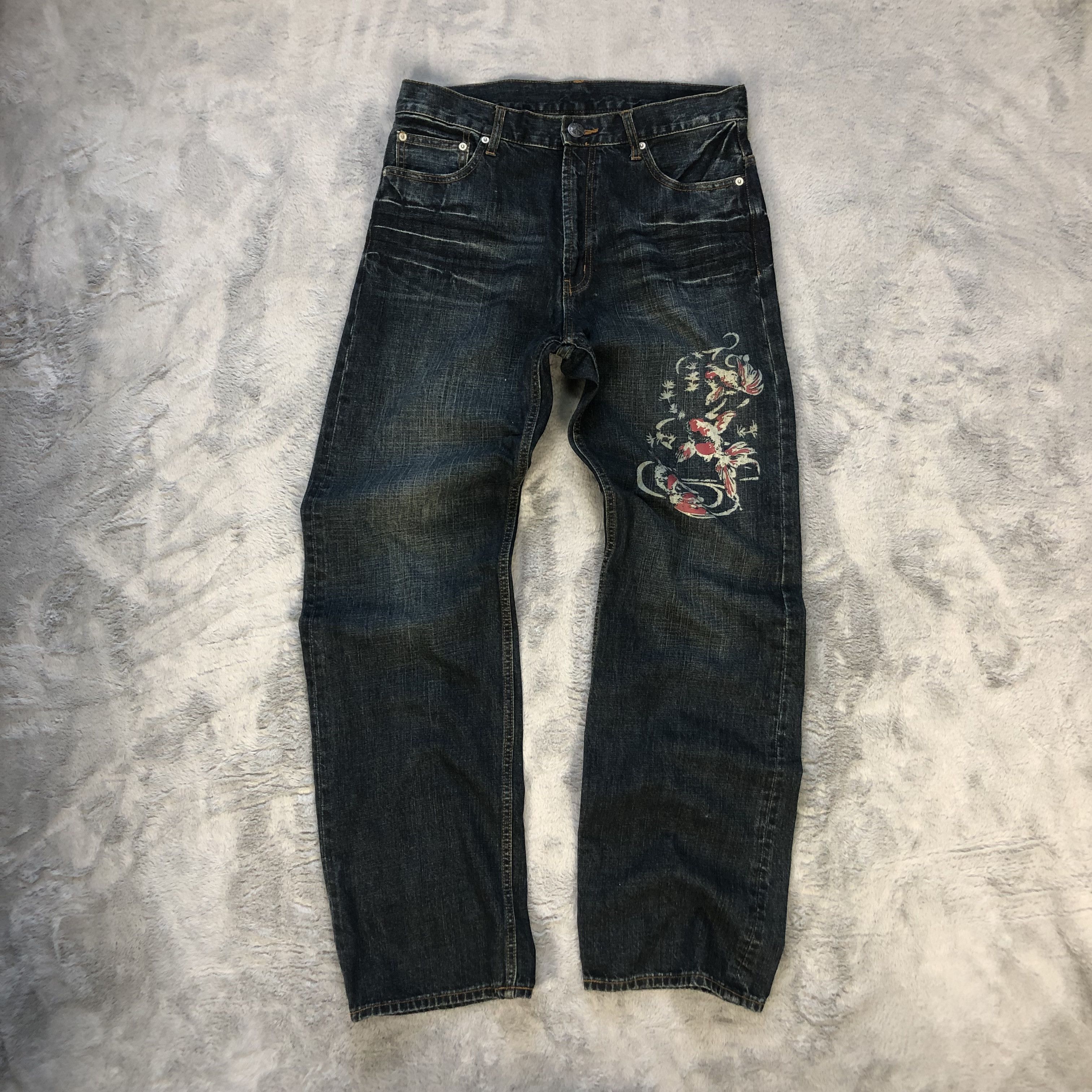 Japanese Brand JAPANESED TRADITIONAL KOI FISH PRINTED DENIM PANT #6391-221 Size US 33 - 1 Thumbnail