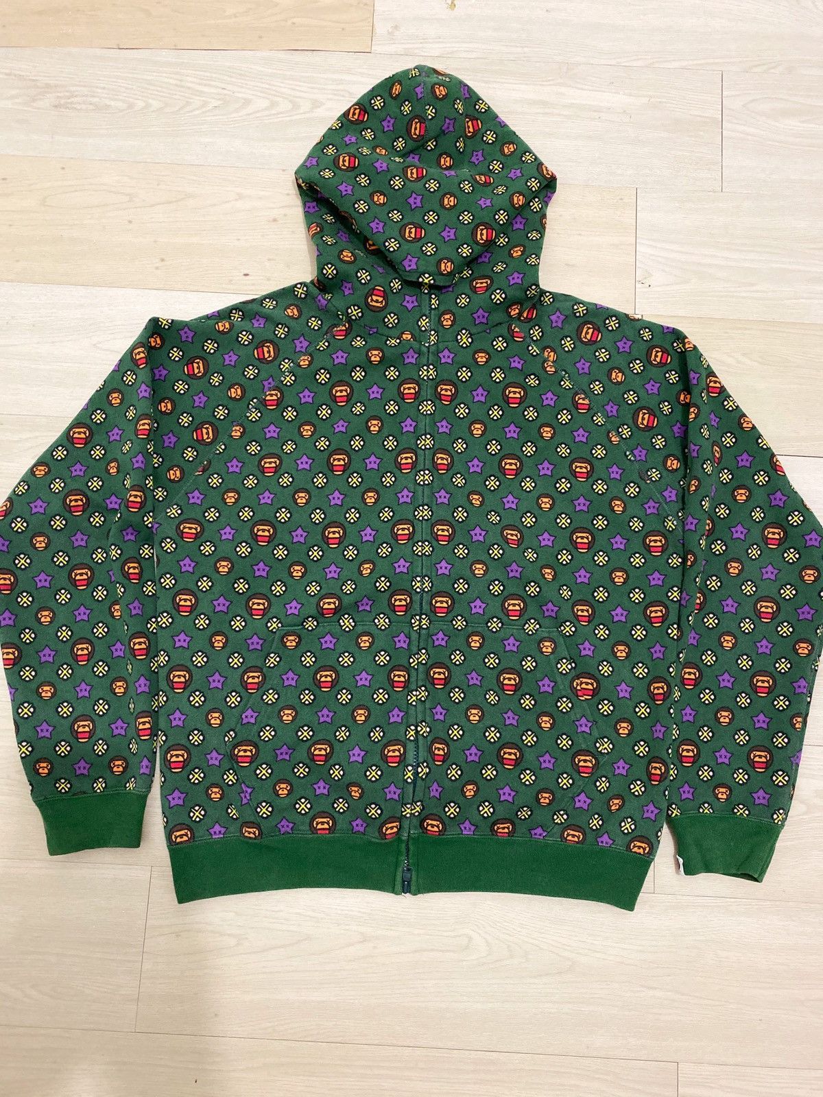 image of Bape x Kaws Baby Milo Monogram Full Zip Hoodie in Green, Men's (Size Medium)
