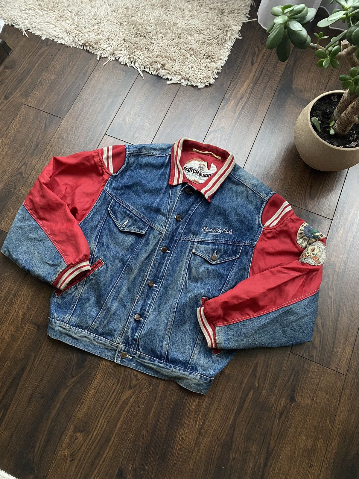 image of Scotch Soda x Vintage Scotch & Soda Denim Bomber Jacket Distressed Style in Denim/Red (Size XL)