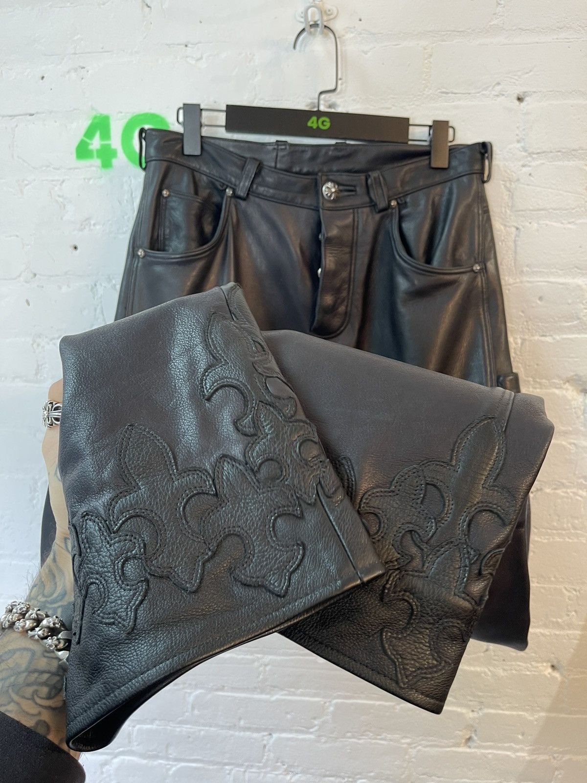image of Chrome Hearts Leather Cargo Jeans Pants Fleur Patches in Black, Men's (Size 32)