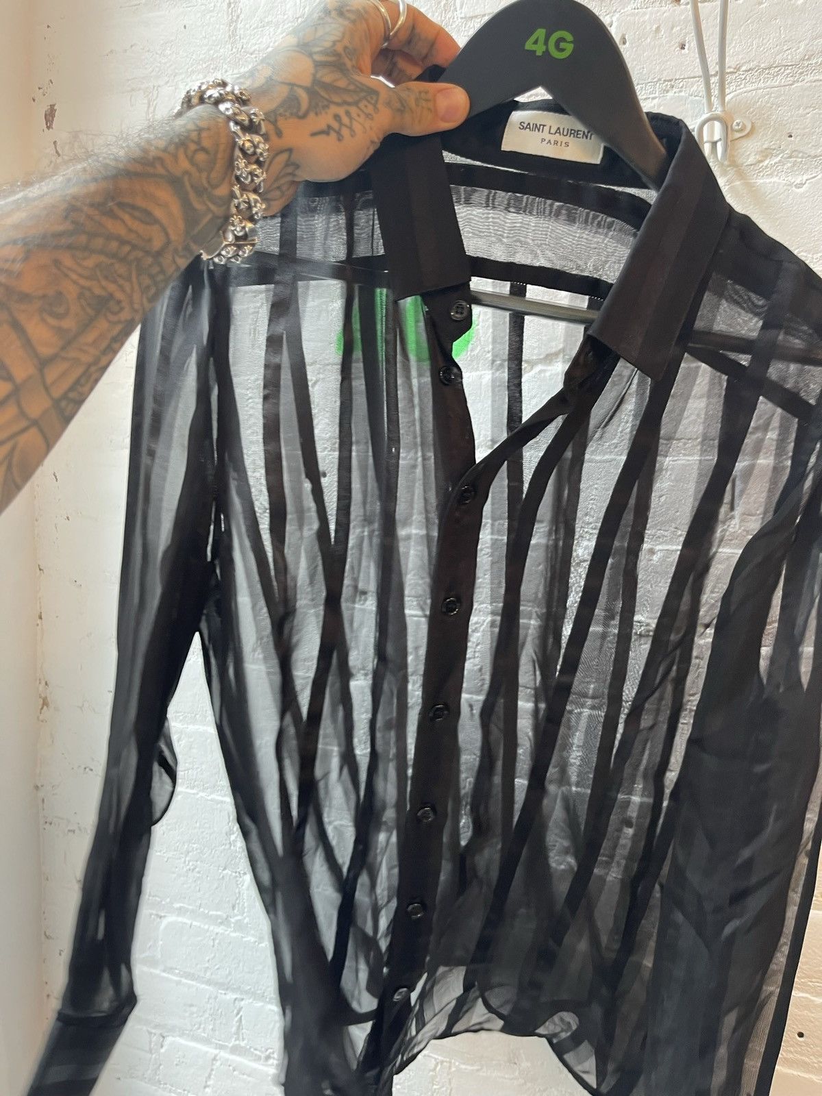 image of Hedi Slimane x Saint Laurent Paris Slp Fw13 Proto Sample 100% Silk Black Sheer Stripe Shirt (Size M