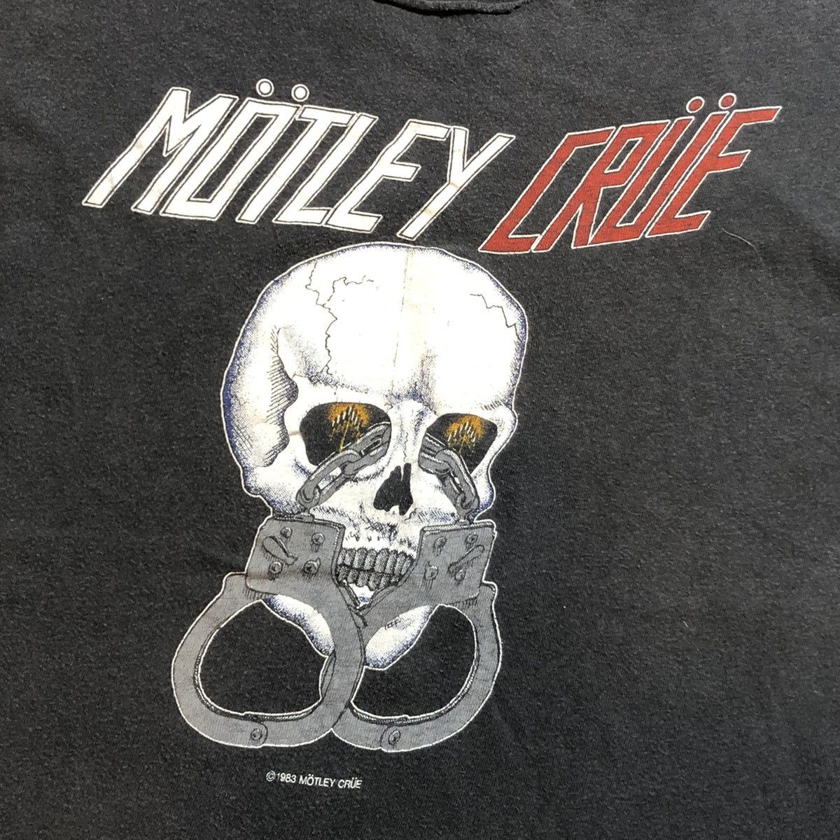 image of Band Tees x Rock T Shirt 1983 Motley Crüe Skull Handcuffs Sleeveless Thrashed in Black (Size Large)