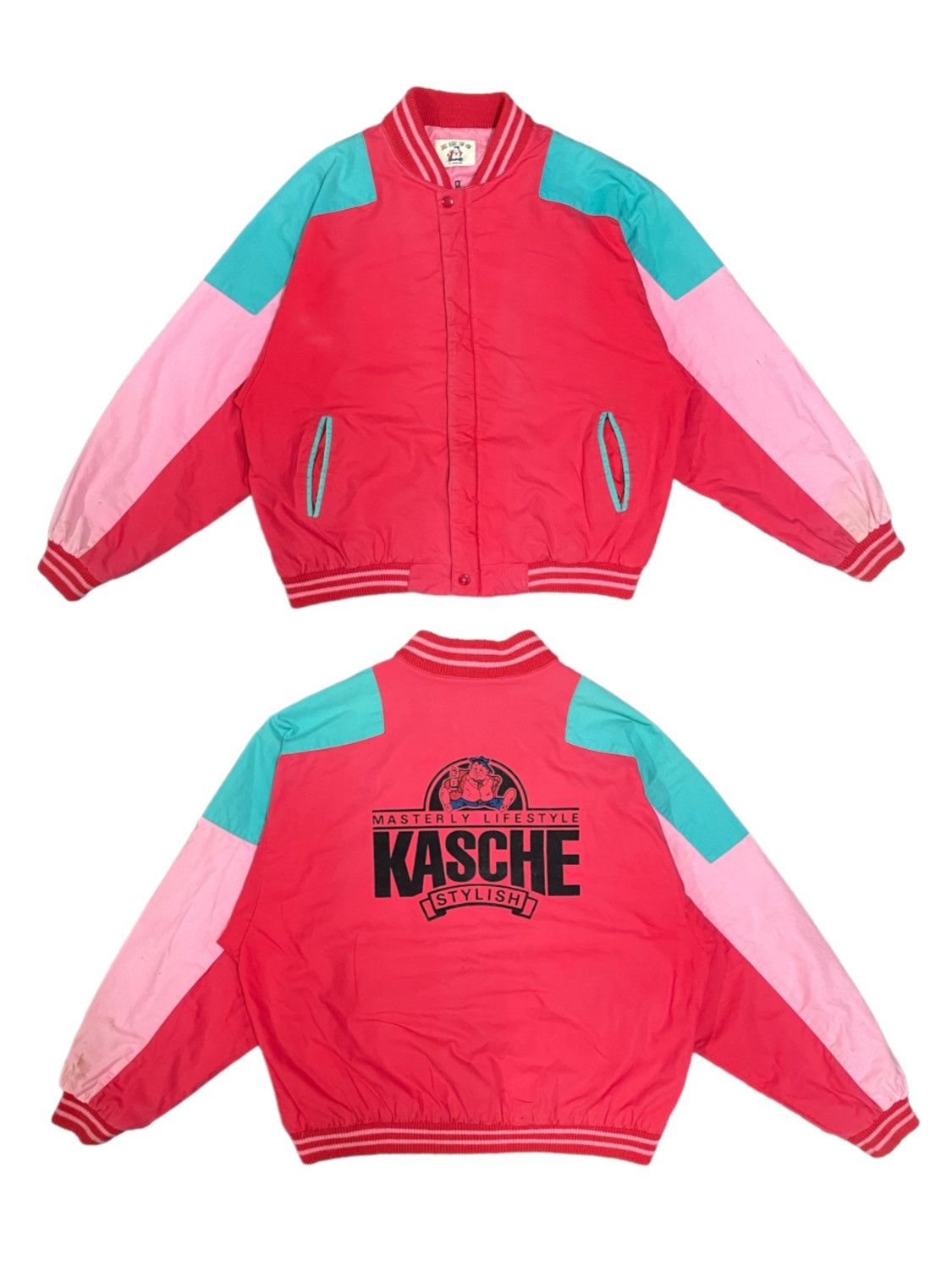 image of Vintage Japanese Kasche Streetstyle 3 Tone Color Block Bomber Jacket in Pink/Red (Size Medium)