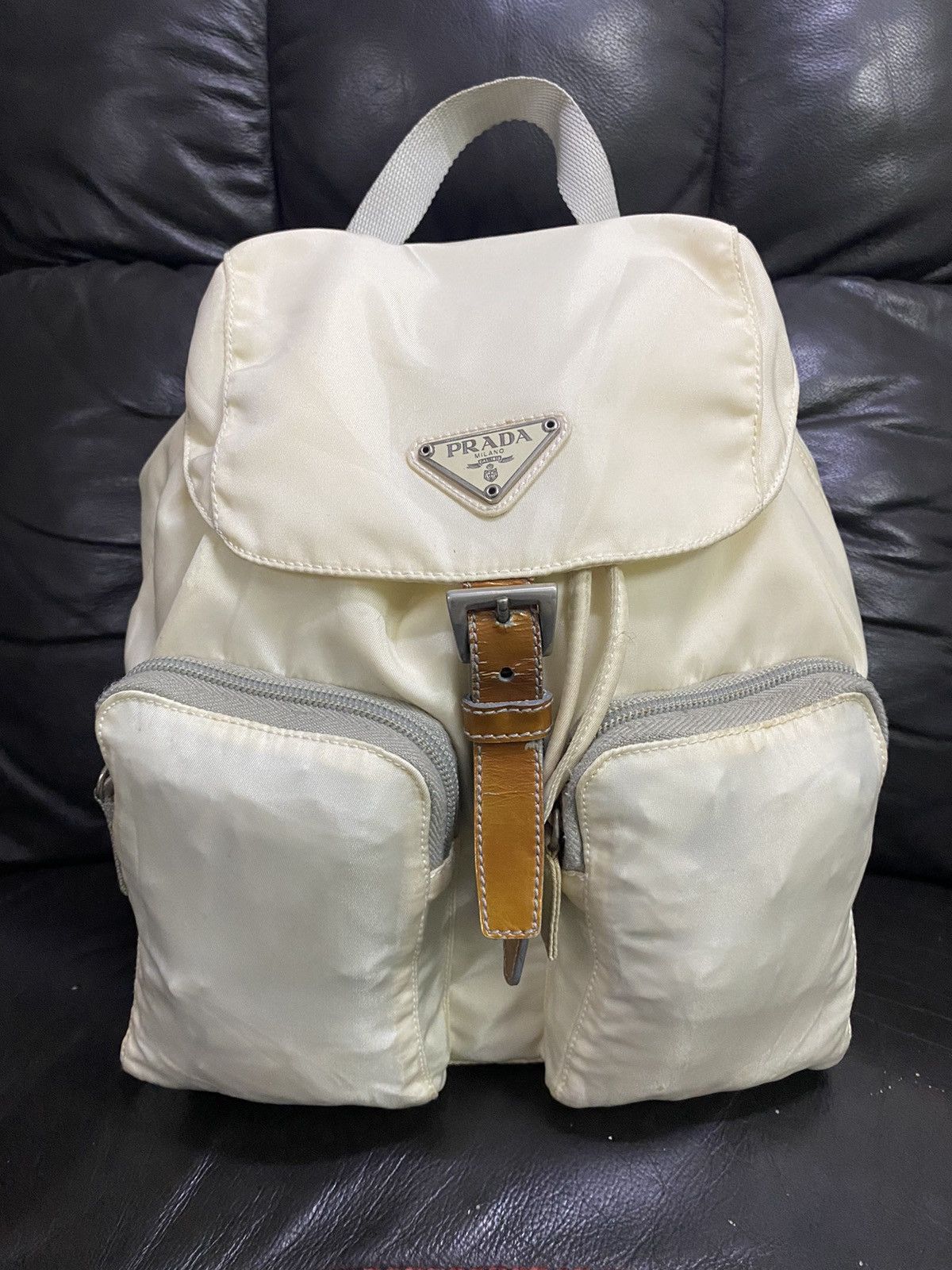 image of Prada Tessuto Nyalon White Mini Backpack Replaced A Zipper, Women's