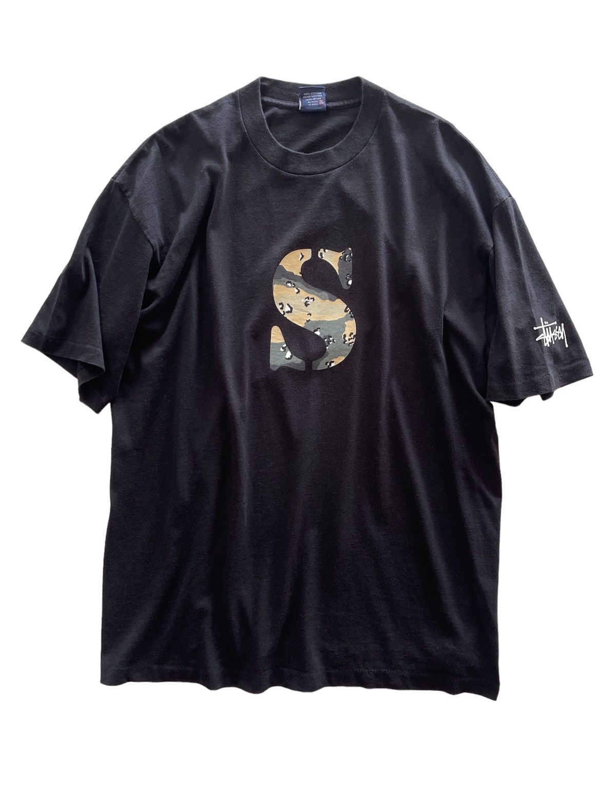 image of Vintage 90's Stussy Camouflage Big Logo Shirt in Dark Blue, Men's (Size XL)
