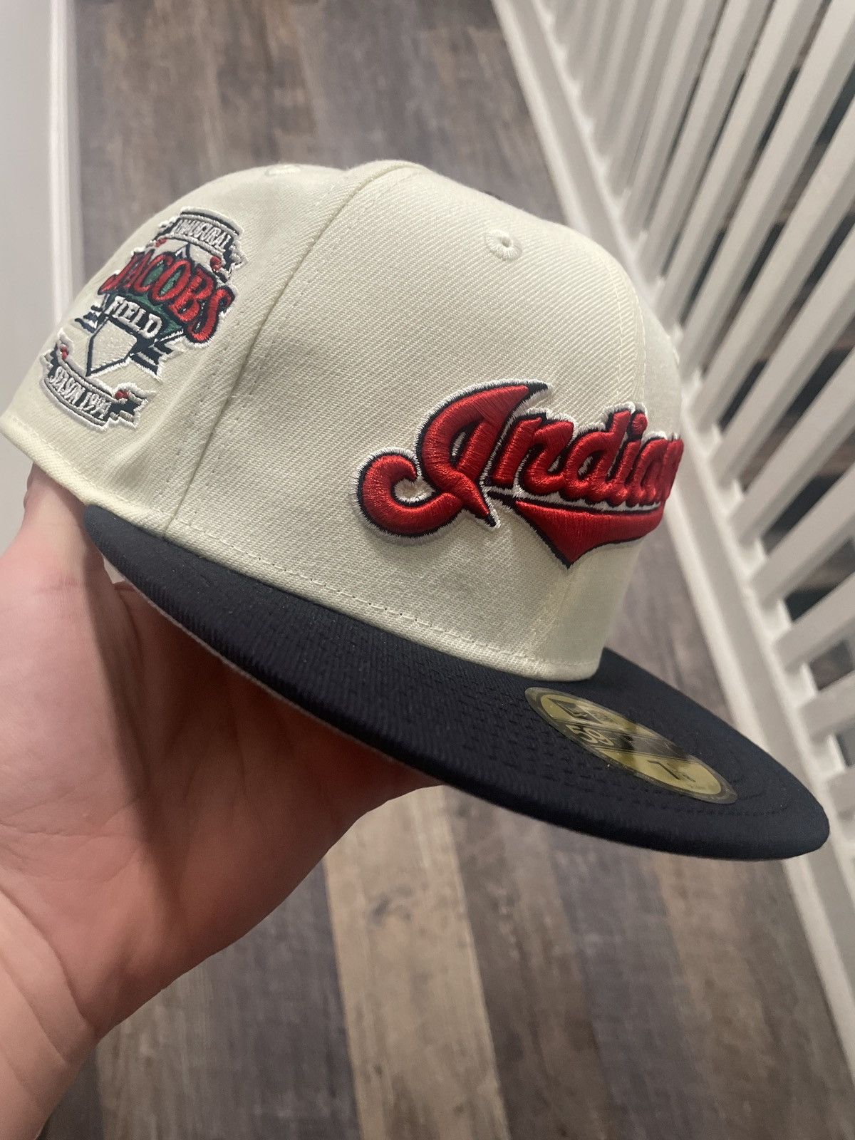 image of Hat Club New Era Cleveland Indians Jacobs Field Patch Hat Size 7 1/8 in Navy/White, Men's
