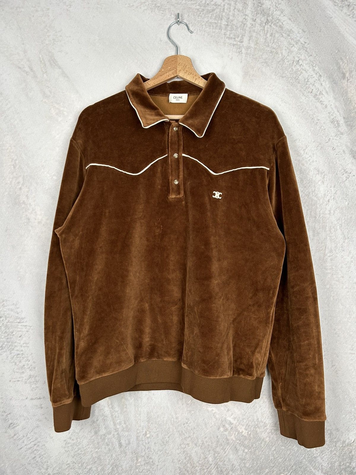 image of Celine Paris Velour Longsleeve Velvet Brown Luxury Designer, Men's (Size XL)