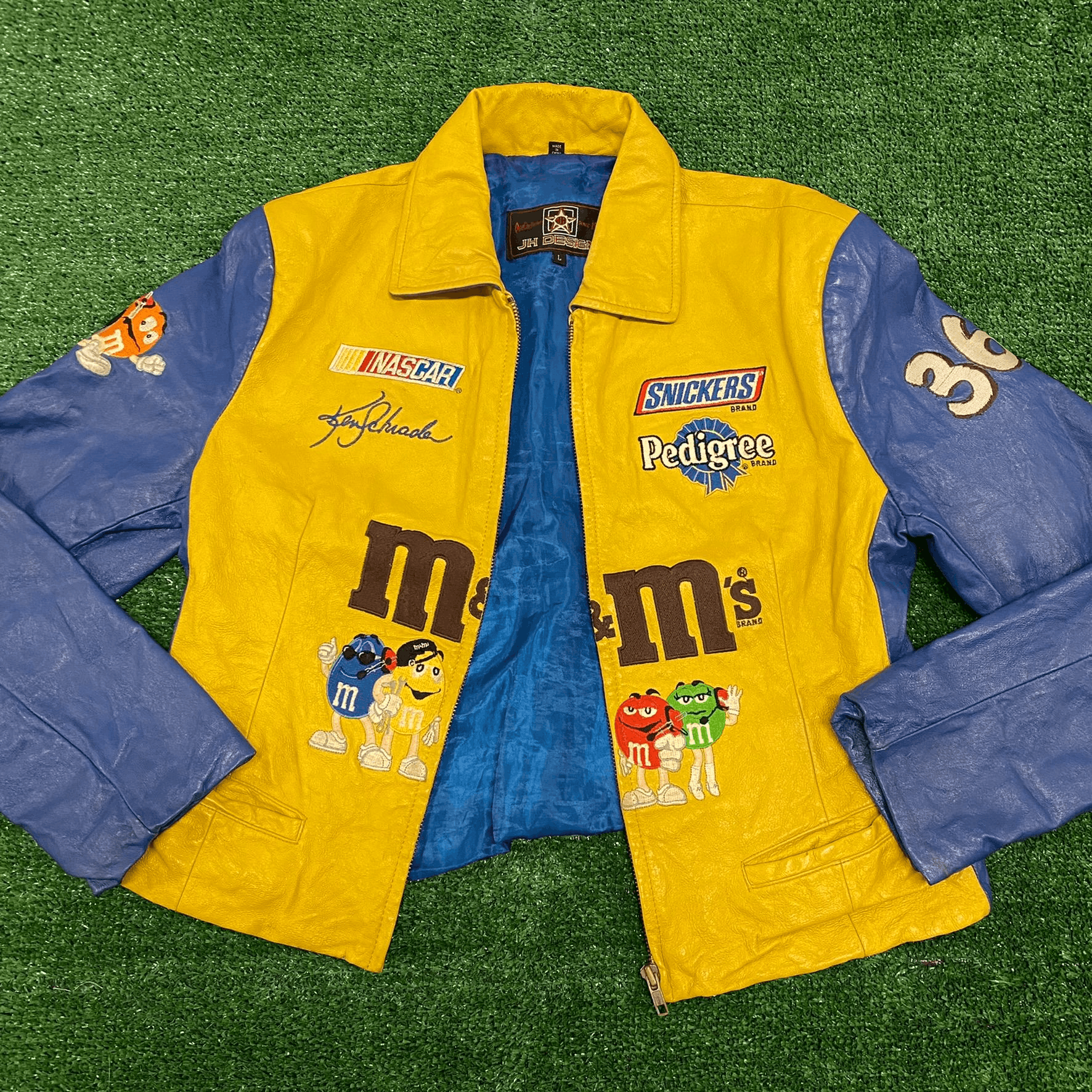 image of Jeff Hamilton x Nascar Crazy Vintage 90's M&m's Racing Leather Nascar Jacket in Yellow (Size Small)