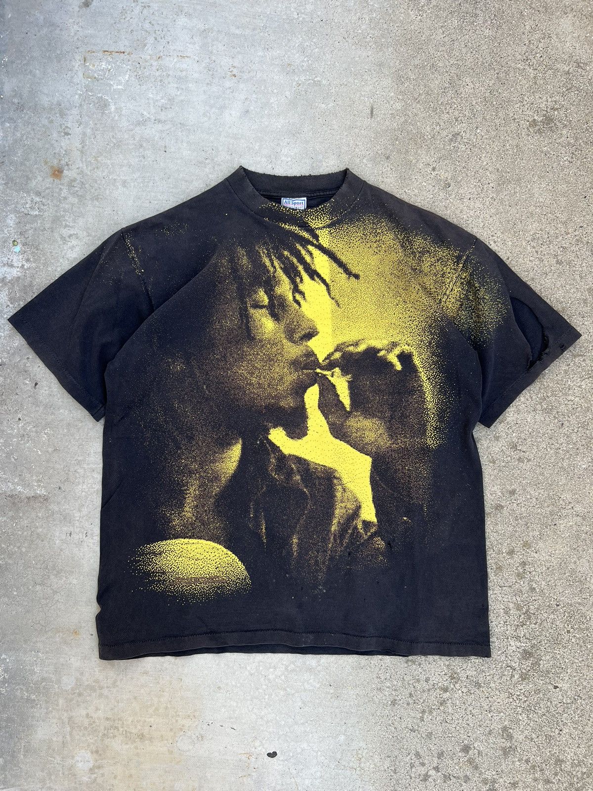 image of 1995 Bob Marley Smoking All Of Over Print Tee in Black, Men's (Size XL)