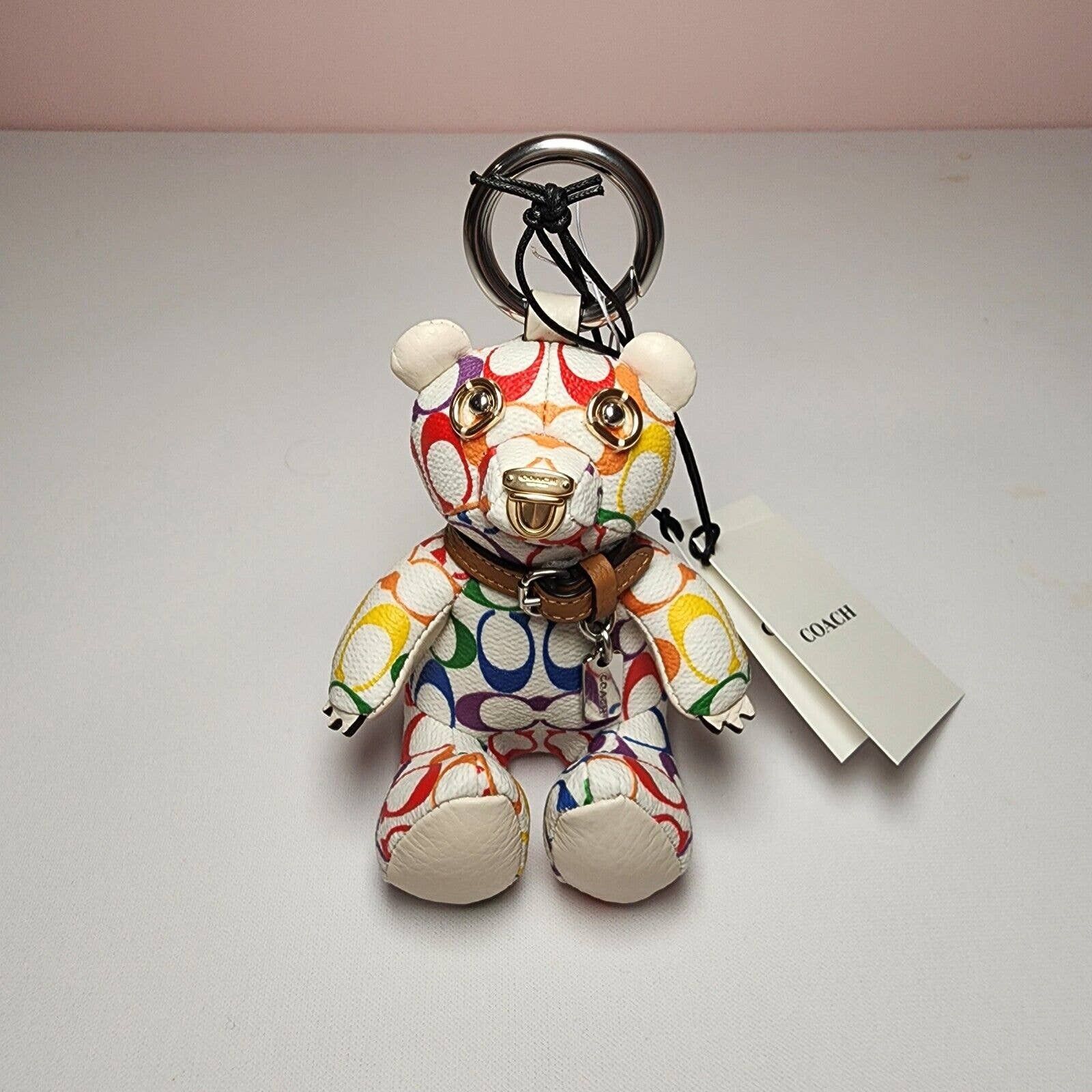 Coach Bear Bag Charm in Rainbow Signature Canvas CJ953, Silver, One Size