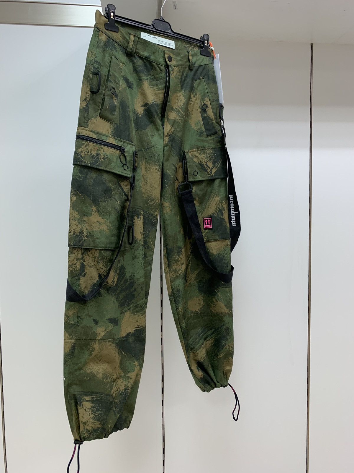 Image of Off White Cargo Bondage Pants With Camo Paint All Over, Men's (Size 31)