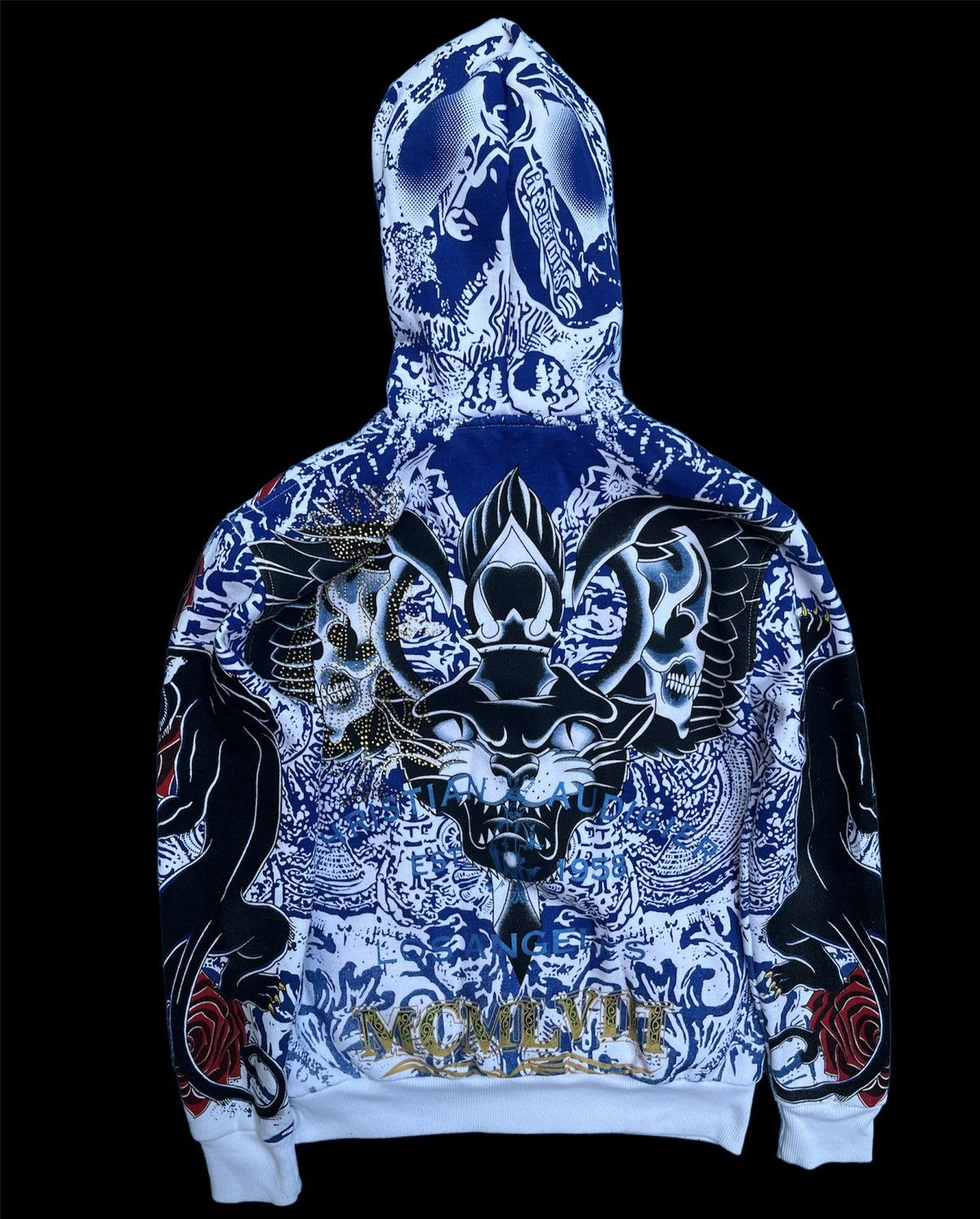 image of Vintage Christian Audigier Skull Pantera Aop Hoodie in White, Men's (Size Medium)