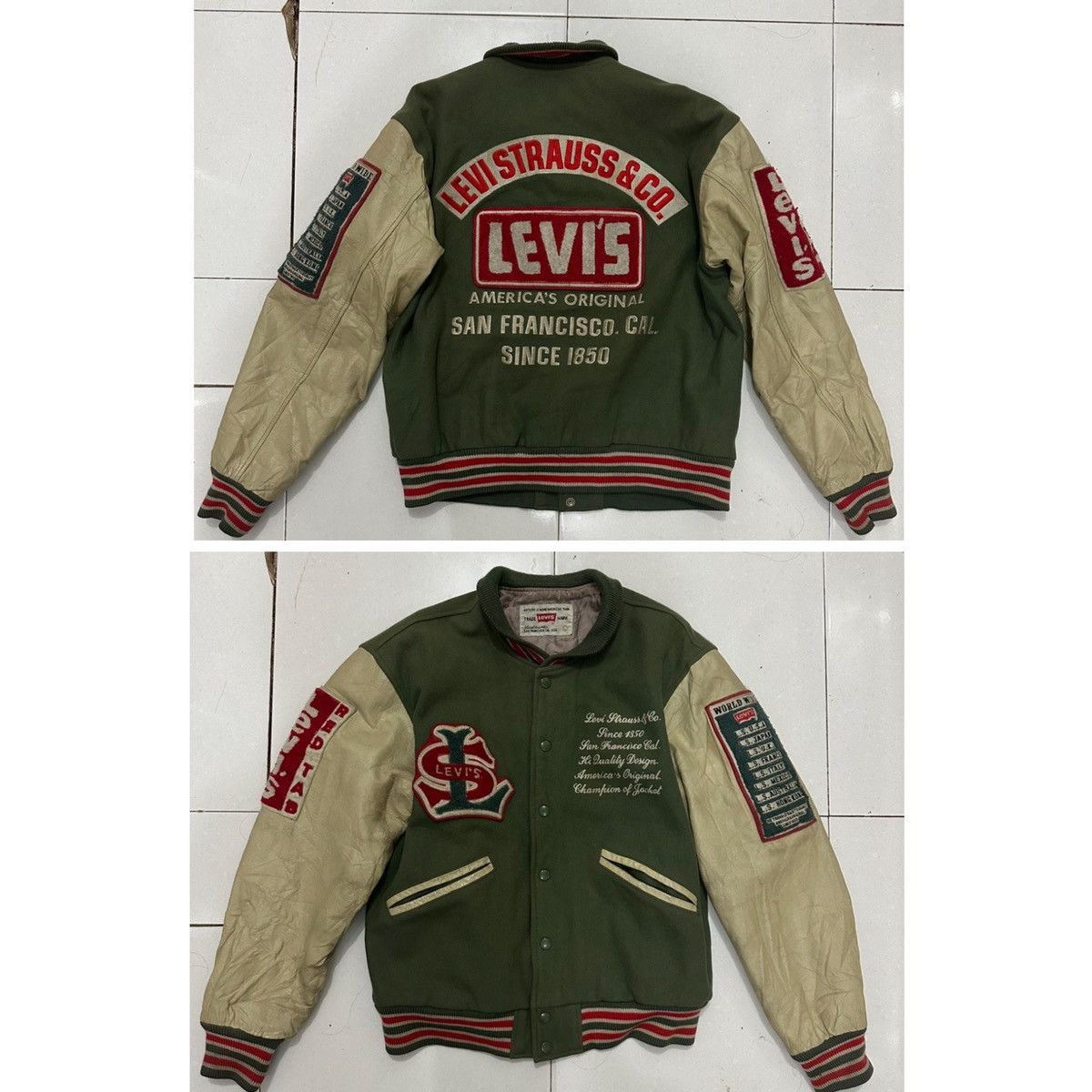 image of Distressed Denim x Leather Jacket Levis Leather Varsity Jacket in Green, Men's (Size Large)