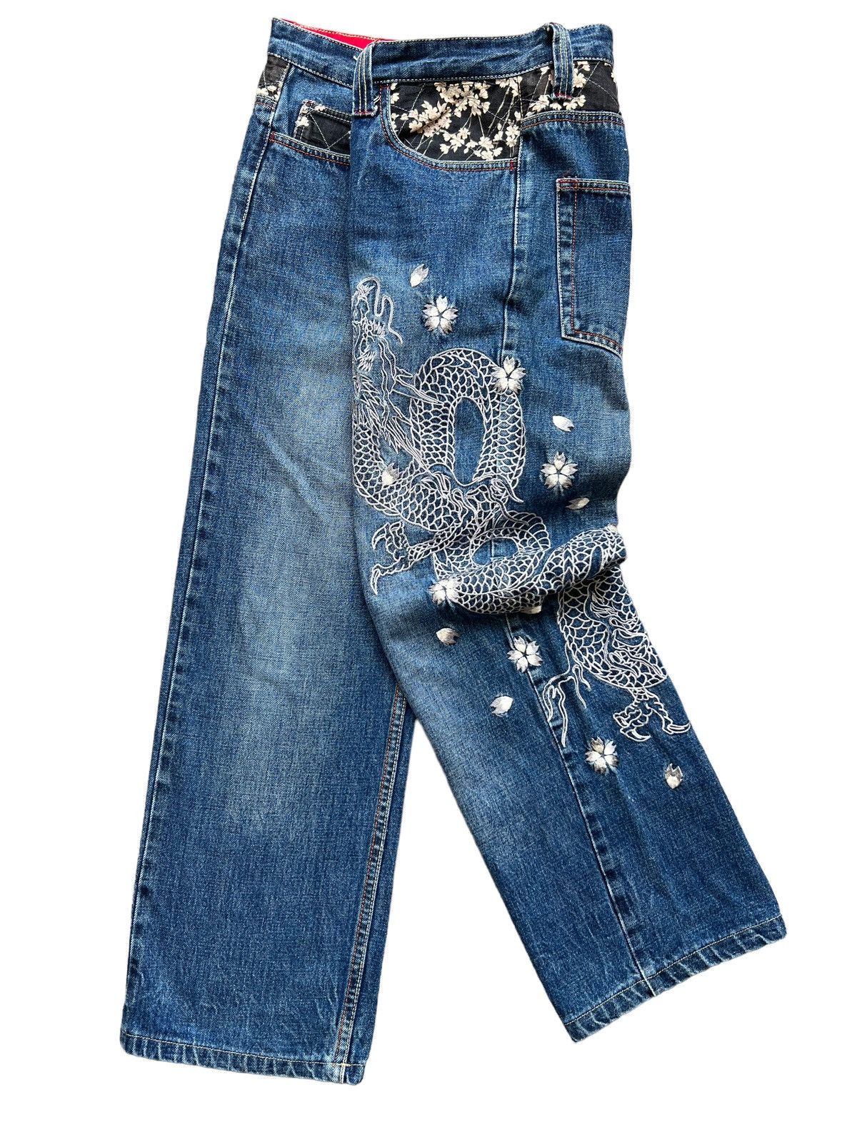 image of Sukajan Souvenir Jacket x Vintage Sukajan Sakura Dragon Embroidered Baggy Denim Jeans in Blue Denim