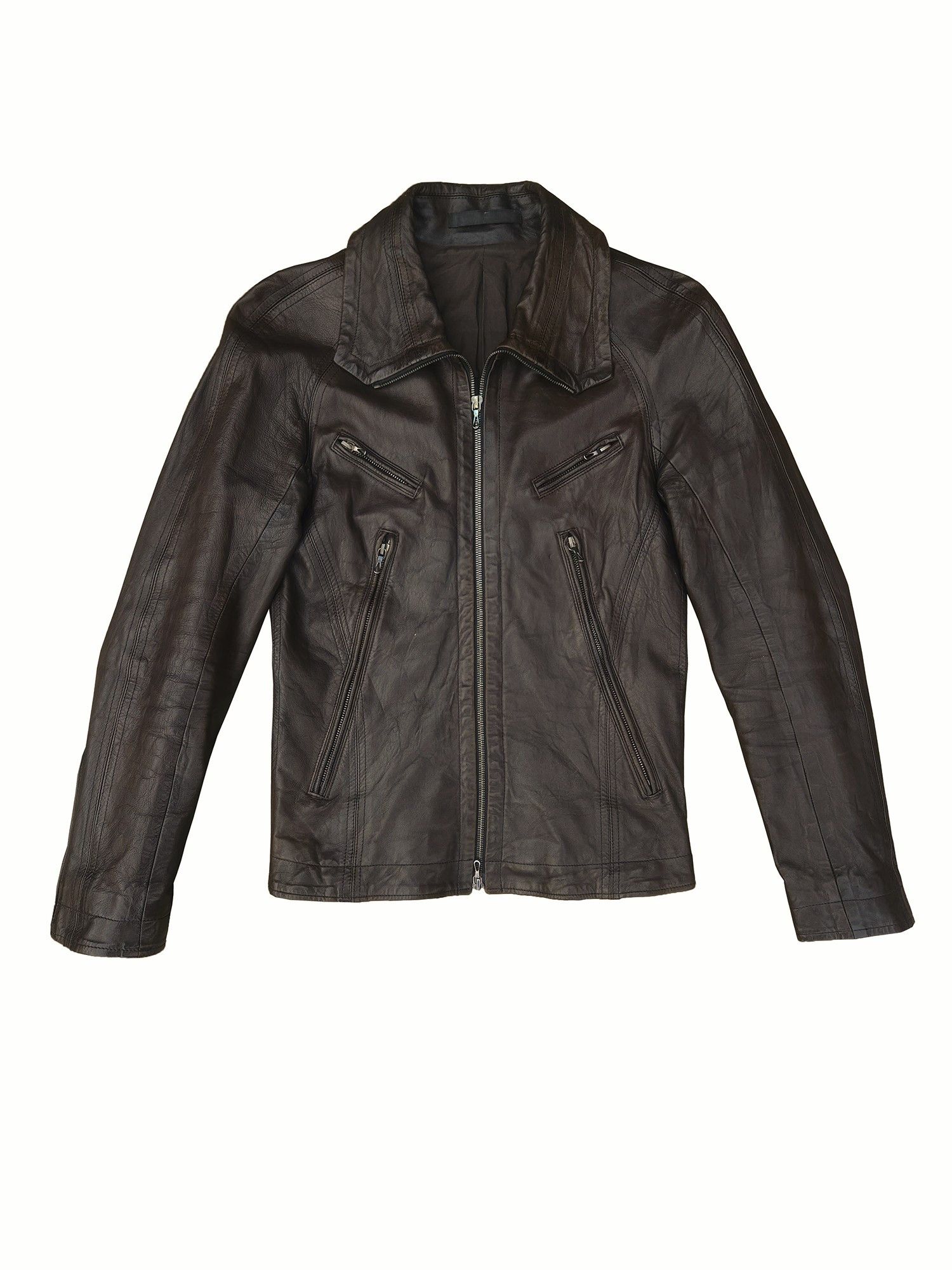 Pre-owned Julius Aw08 Jut Neck Leather Jacket In Dark Brown
