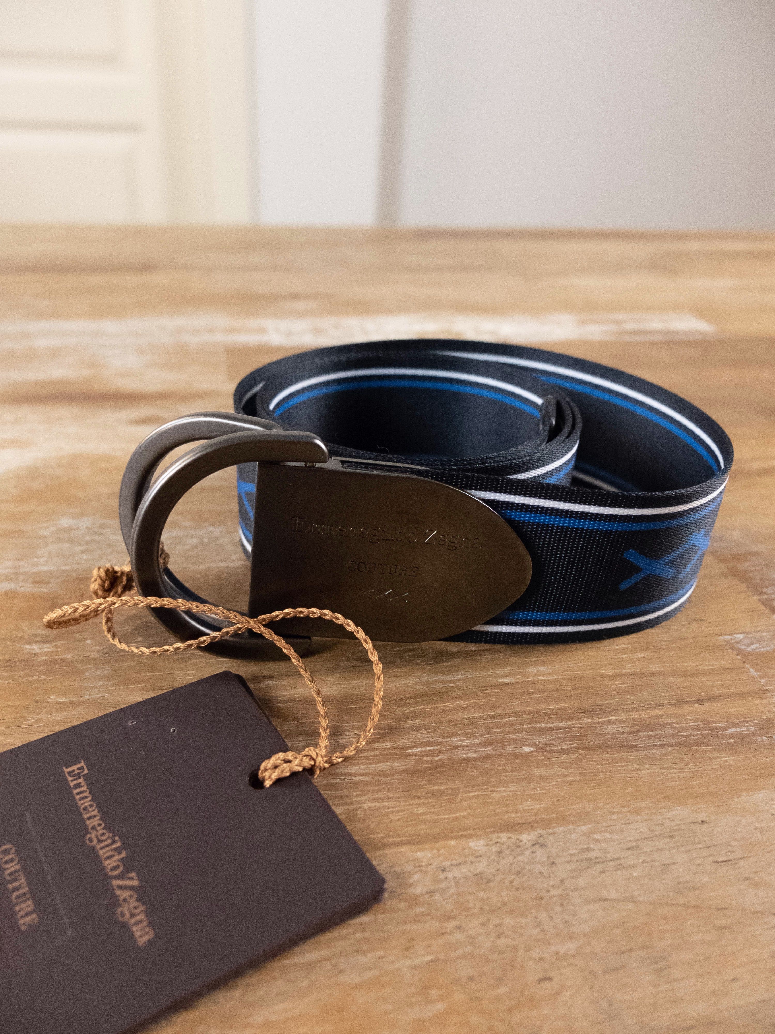 ERMENEGILDO ZEGNA COUTURE XXX navy fabric plaque belt 100