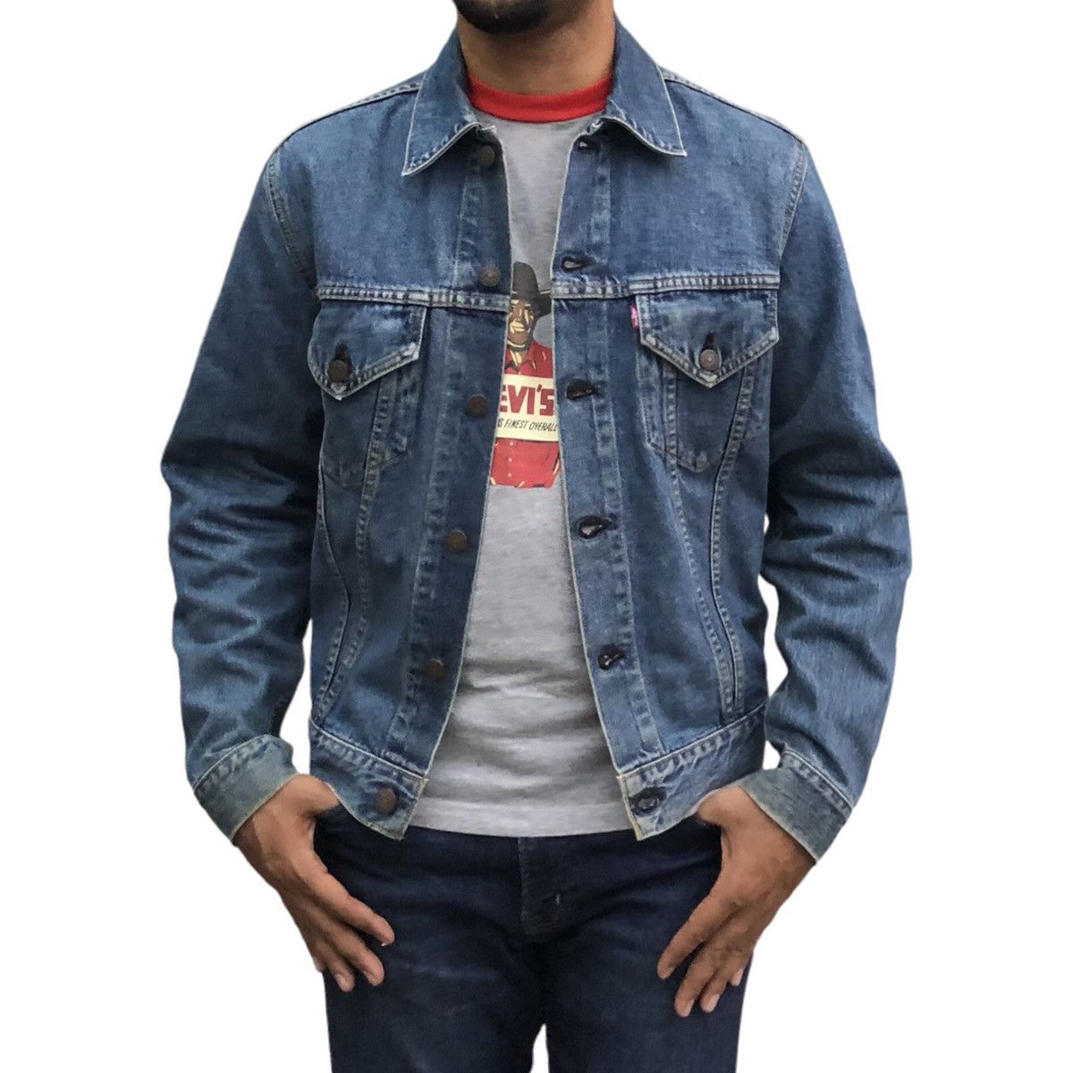 image of Denim Jacket x Levis Vintage Levis Trucker Denim Big E 557 Lvc 90's Japan in Blue Denim (Size Mediu