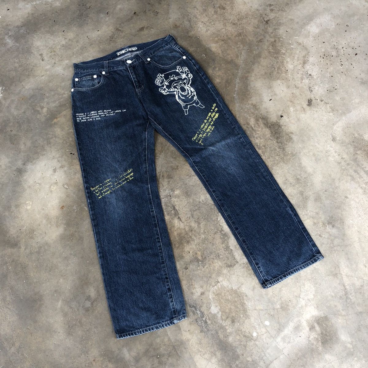 Anime × One Piece 🔥Rare🔥One Piece Blue Wash Skull Logo With Quotes Denim Jeans Size US 33 - 1 Thumbnail