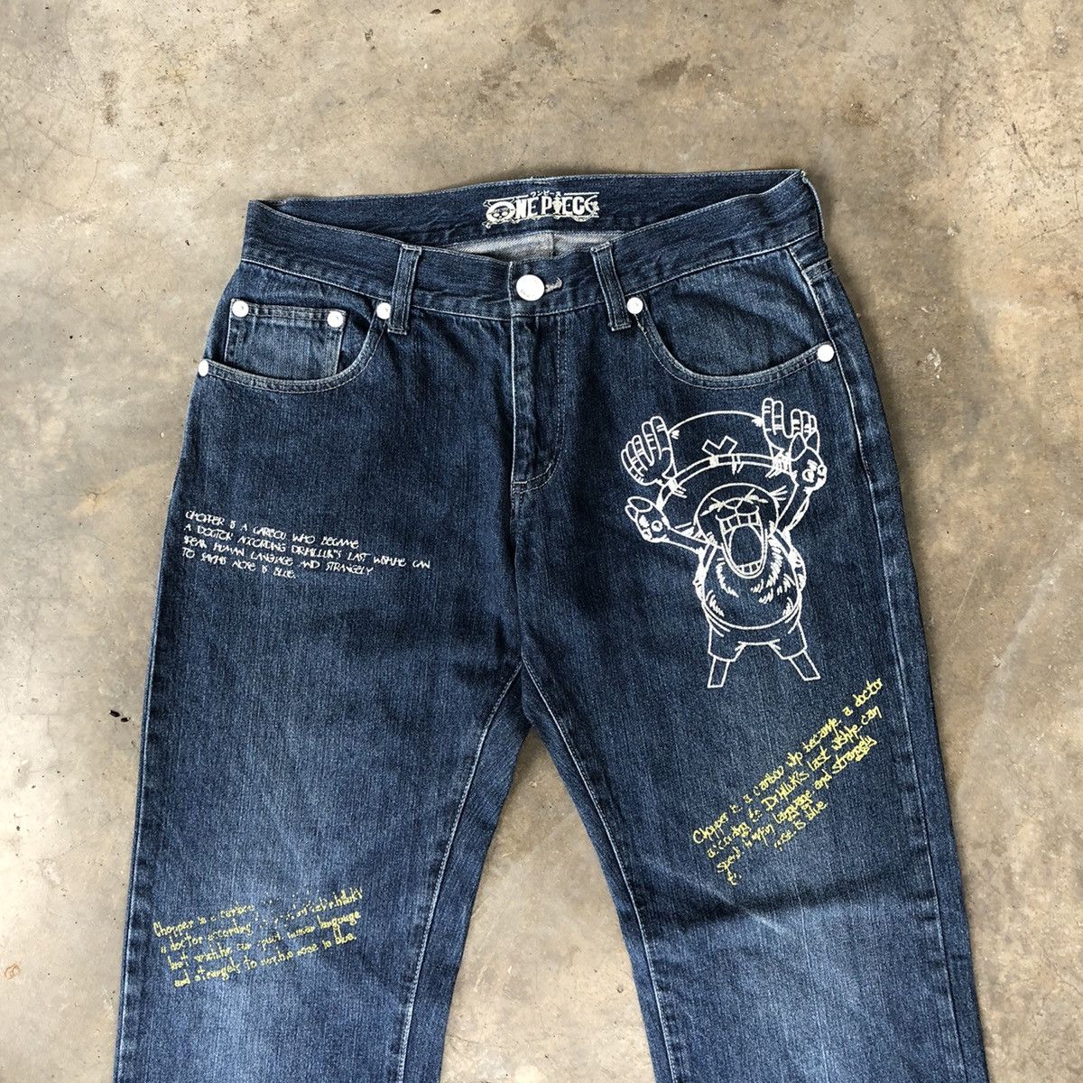 Anime × One Piece 🔥Rare🔥One Piece Blue Wash Skull Logo With Quotes Denim Jeans Size US 33 - 2 Thumbnail