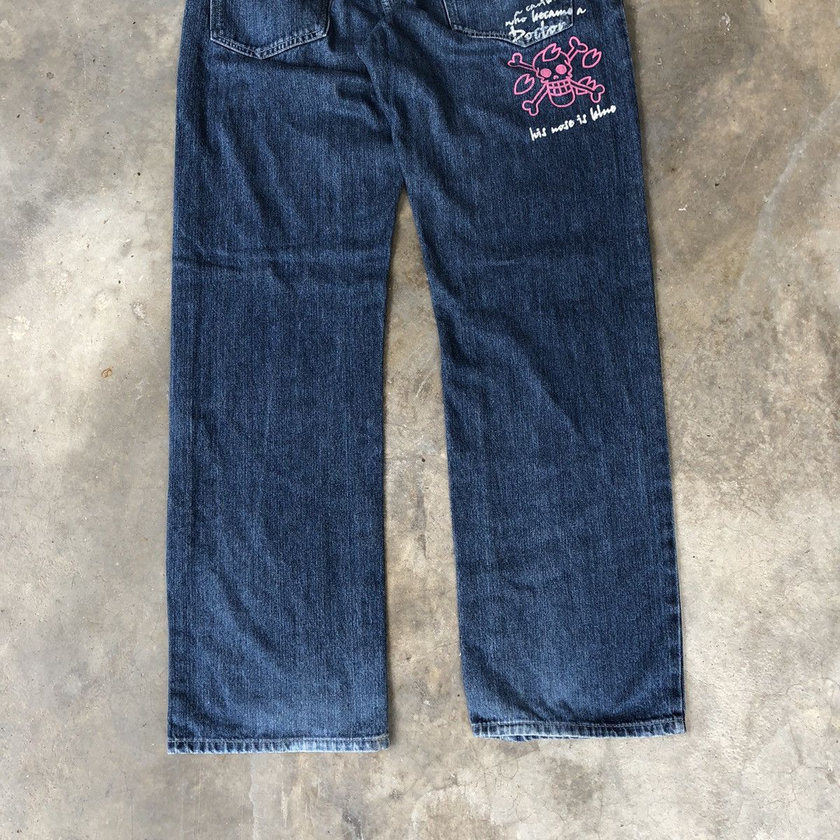 Anime × One Piece 🔥Rare🔥One Piece Blue Wash Skull Logo With Quotes Denim Jeans Size US 33 - 6 Thumbnail