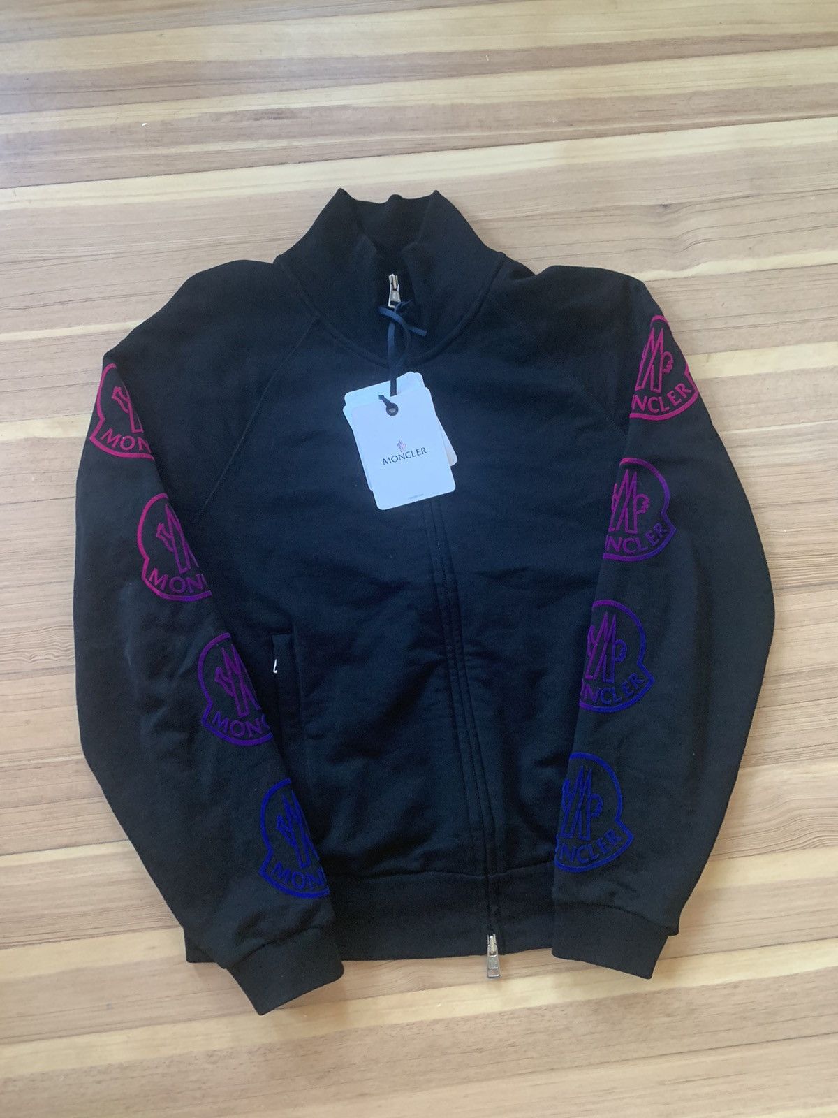 image of Moncler $900 Black Gradient Sleeve Logo Track Jacket, Men's (Size Medium)